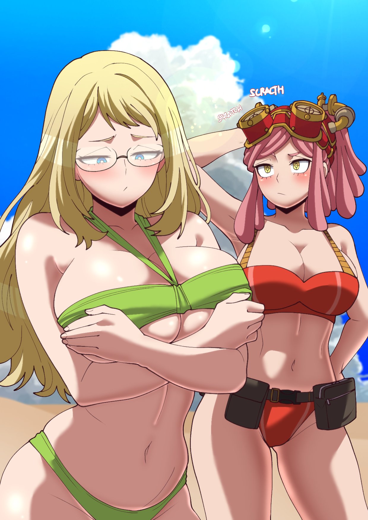 beach, big breasts, bikini, blonde hair, blue eyes, blue sky, blushing, breasts, cleavage, dreadlocks, glasses, googles, green bean, hiding breasts, large breasts, mei hatsume, melissa shield, multiple girls, my hero academia, pink hair, scratching head, tools, underboob