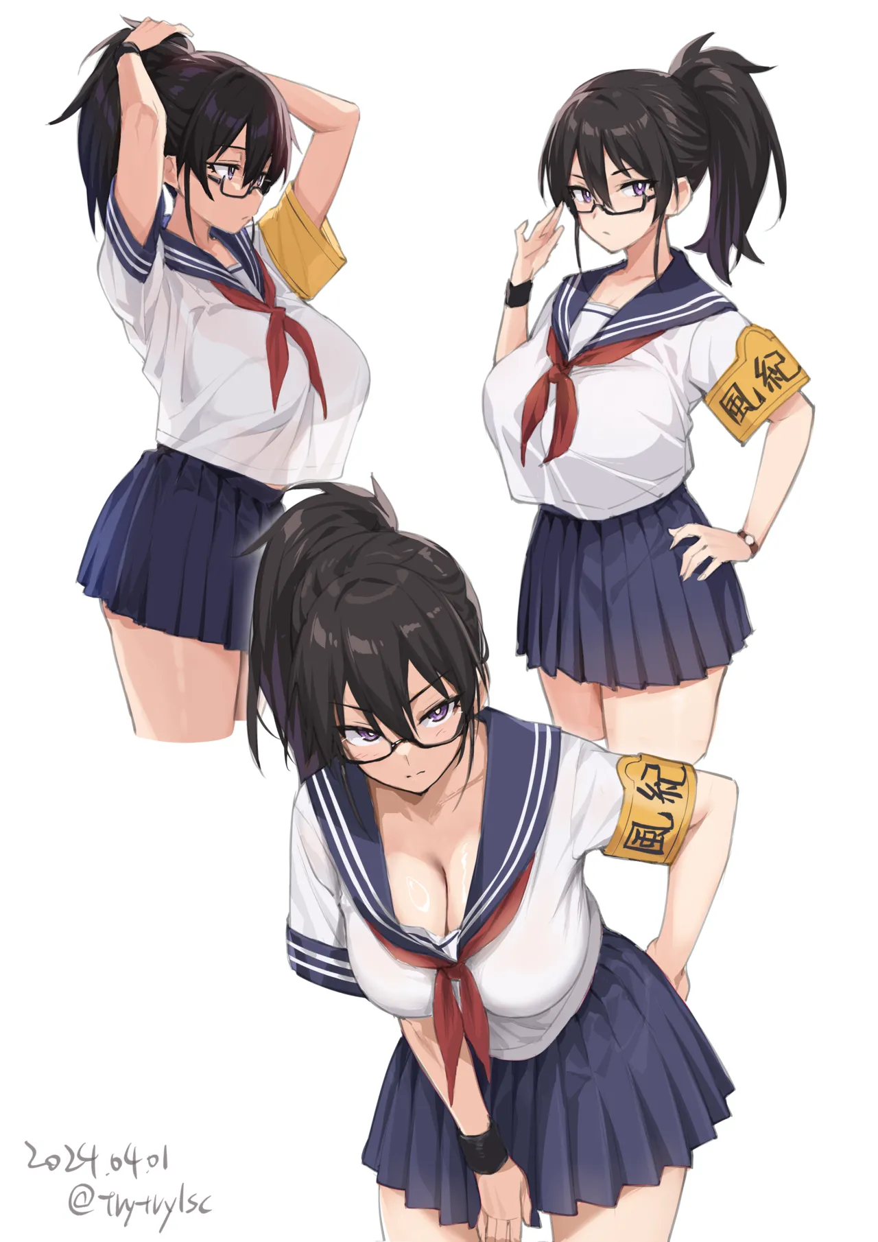 1girls, black hair, bra, bra visible through clothes, cleavage, female, glasses, hair up, kazama ritsuko, looking at viewer, original, ponytail, purple eyes, school uniform, simple background, skirt, solo, thighs, try, try (lsc), white background, white bra
