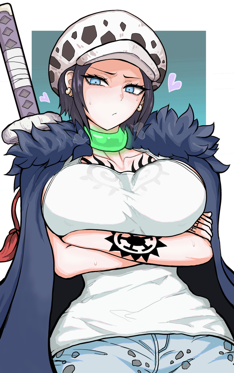 1girl, big breasts, black hair, blue jacket, canon genderswap, collar, cyan background, cyan eyes, earrings, embarrassed, female, female only, fluffy, genderswap (mtf), hat, heart, huge breasts, huge thighs, hypnosis, hypnotic eyes, hypnotized, jacket, one piece, peto peto no mi, rule 63, short hair, tattoo, thighs, trafalgar law, trafalgar law (female), weapon, white clothes, white hat