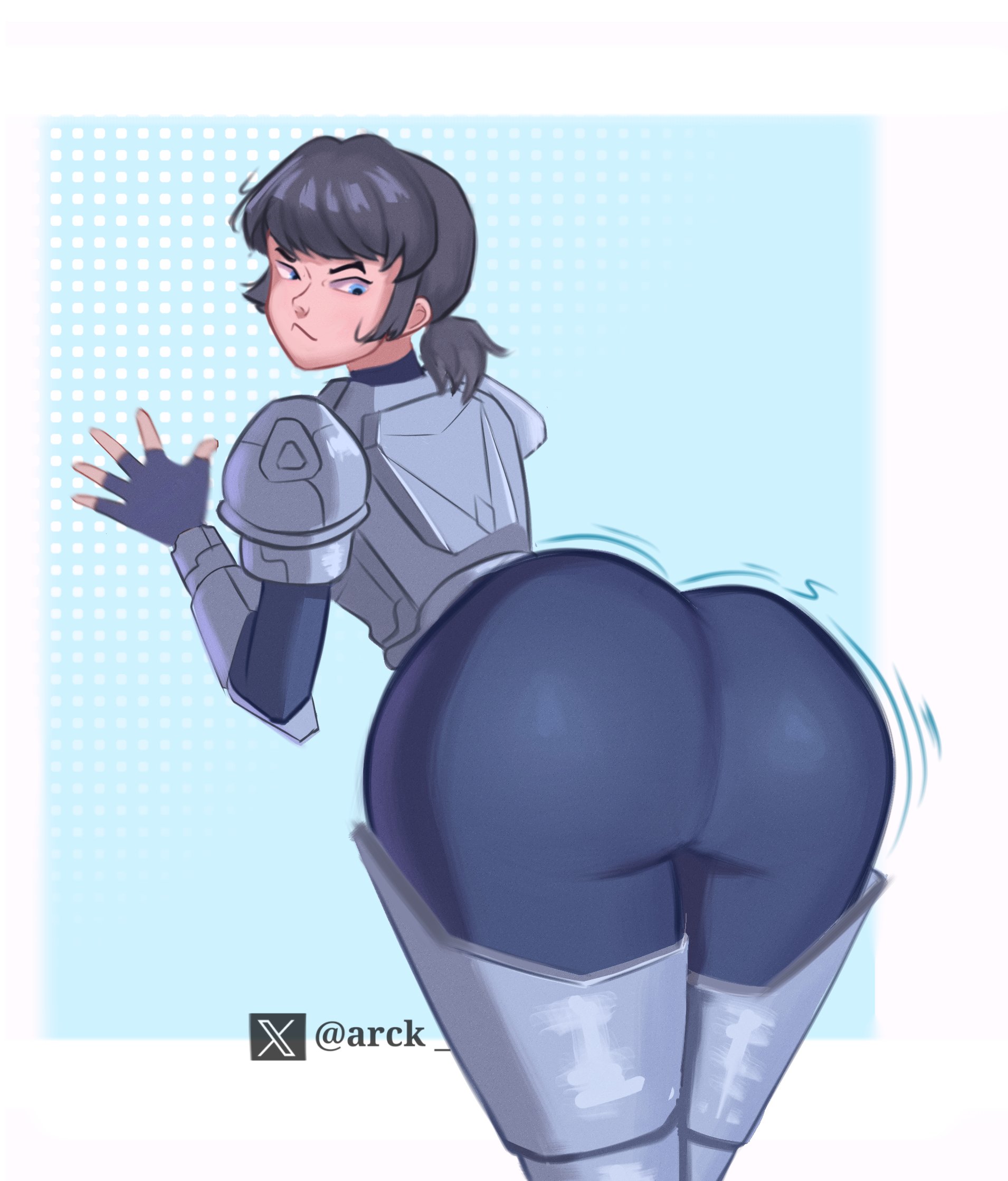 1girls, 2026, 2d, 2d (artwork), arck luki, armor, armored female, artist name, ass, big ass, big butt, black hair, blue eyes, bodysuit, bubble ass, bubble butt, digital drawing (artwork), digital media (artwork), female, female only, hair, invincible, invincible (tv series), looking back, motion lines, skin tight, solo, tech jacket, tech jacket (zoe thompson), thick thighs, tight clothing, wide hips