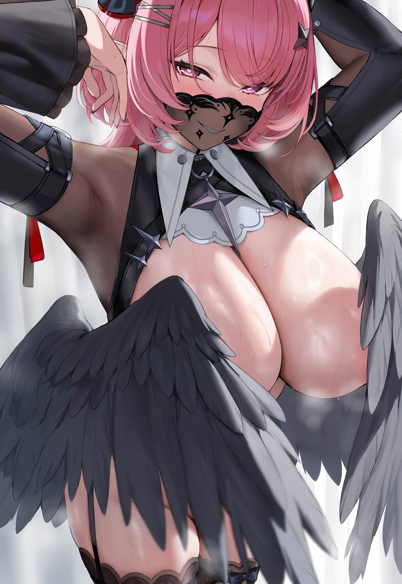 1girl, big breasts, covering breasts, dombear, ears, huge breasts, large breasts, looking at viewer, no bra, no panties, nopan, pointy, ramiel (zenless zone zero), remielle dan, remielle dan (moonlight whispers), see through, smile, smile at viewer, stockings, sweat, sweating, sweaty, sweaty body, sweaty breasts, thighhighs, wet, wings, wings covering breasts, zenless zone zero