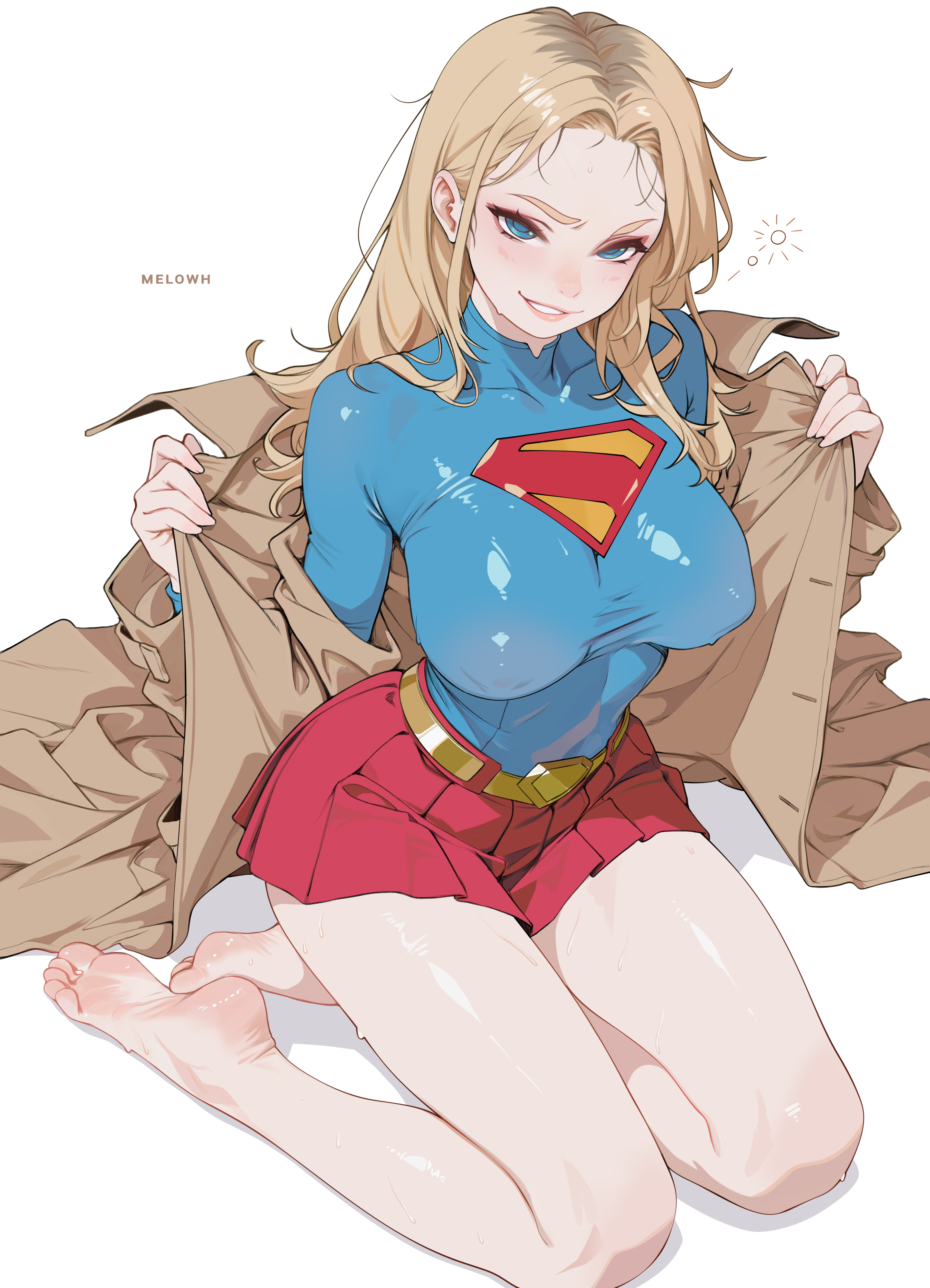 1girl, 1girls, absurdres, artist name, bare legs, barefoot, belt, blonde hair, blue shirt, breasts, brown coat, coat, commentary request, covered erect nipples, dc comics, dcu, dumb girl, feet, female, female only, forehead, highres, impossible clothes, impossible shirt, kneeling, large breasts, long hair, long sleeves, looking at viewer, melowh, miniskirt, open clothes, open coat, paid reward available, pleated skirt, red skirt, shirt, skirt, soles, solo, squeans, supergirl, supergirl (dcu), superhero costume, superheroine, superman (2025), superman (series), superman logo, sweat, toes, trench coat, white background, yellow belt