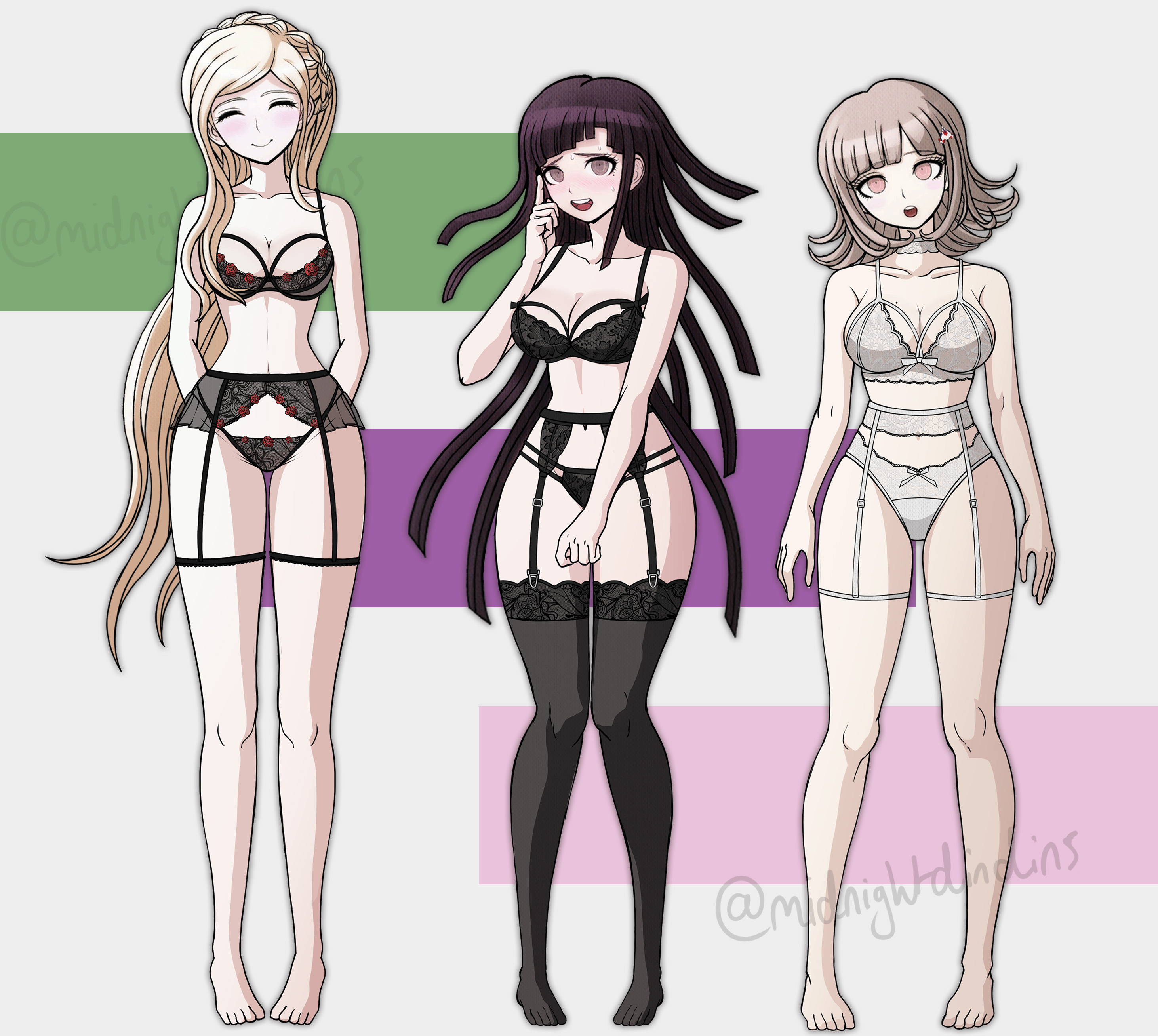 3girls, black lingerie, blonde hair, curvy, danganronpa, danganronpa 2: goodbye despair, eyes closed, garter straps, hair accessory, large breasts, lingerie, lingerie bra, lingerie panties, middinos, midnightdindins, nanami chiaki, navel, navel visible through clothes, open mouth, pale skinned female, shy, smile, sonia nevermind, sprite art, sprite edit, staring at viewer, stockings, thick thighs, tsumiki mikan, white lingerie, wide hips
