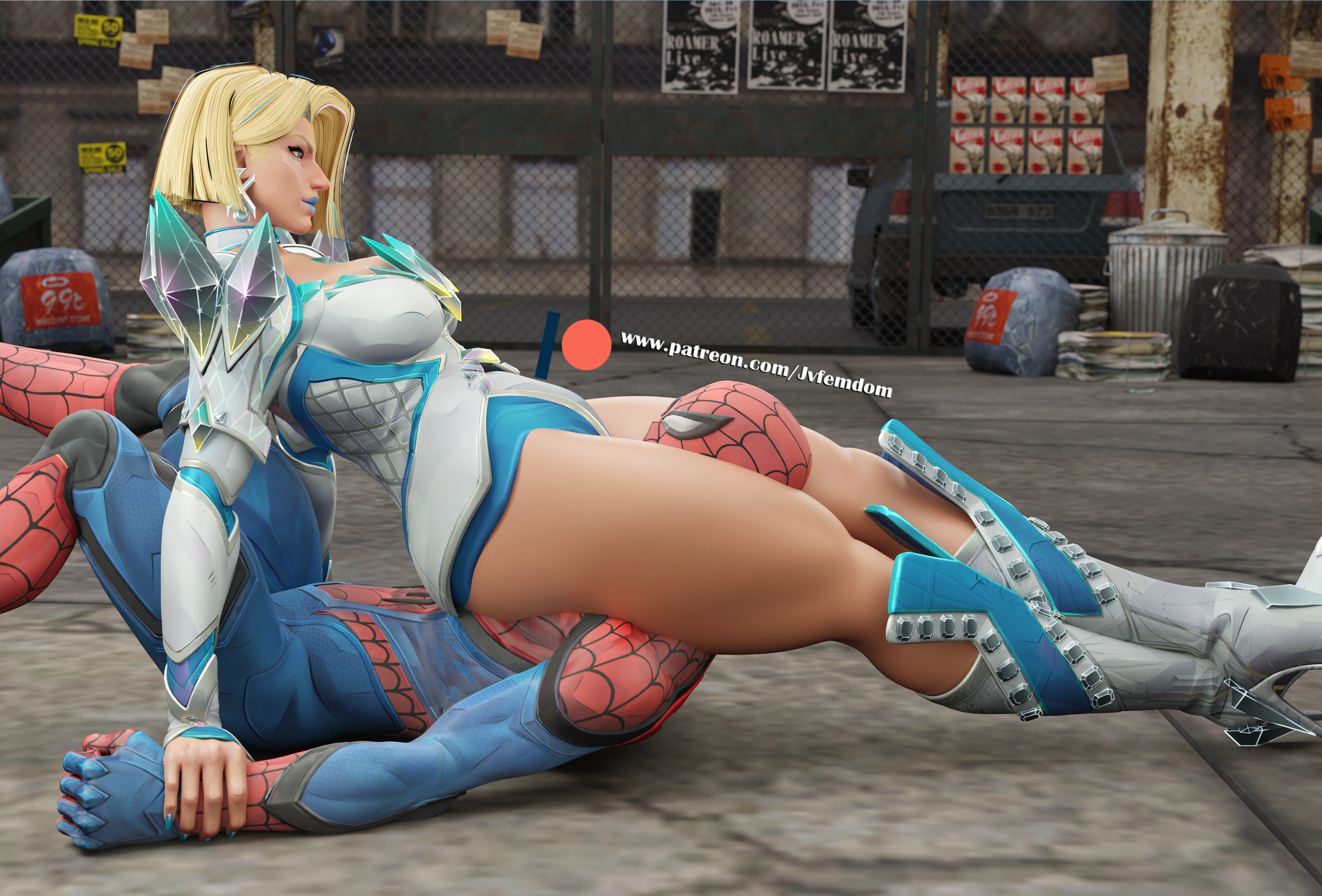 1boy, 1girl, 1girls, 3d, absurd res, armored female, arrogant, ass, ass up, baddie, beaten, blender, blonde hair, catfight, choking, clothed, clothed female, defeated, dominant, dominant female, domination, dominatrix, emma frost, emma frost (marvel rivals), female, female domination, female/male, femdom, fully clothed, head between thighs, headscissor, helpless, highres, humiliated, humiliating, humiliation, jpeg, jvfemdom, knee boots, leg choking, legs, light skin, light-skinned female, looking pleasured, low-angle view, male on female, male/female, marvel, marvel comics, marvel rivals, mixed wrestling, muscular, muscular thighs, non-nude, pinned, pinned down, round ass, round butt, sadism, sadistic, sadistic female, scissors, short hair, sitting, smile, smirk, smug, smug face, smug grin, spider-man, submission, submission hold, submissive, suffocation, superheroine, thigh choking, utter domination, villain, villainess, white boots, white queen, wrestling