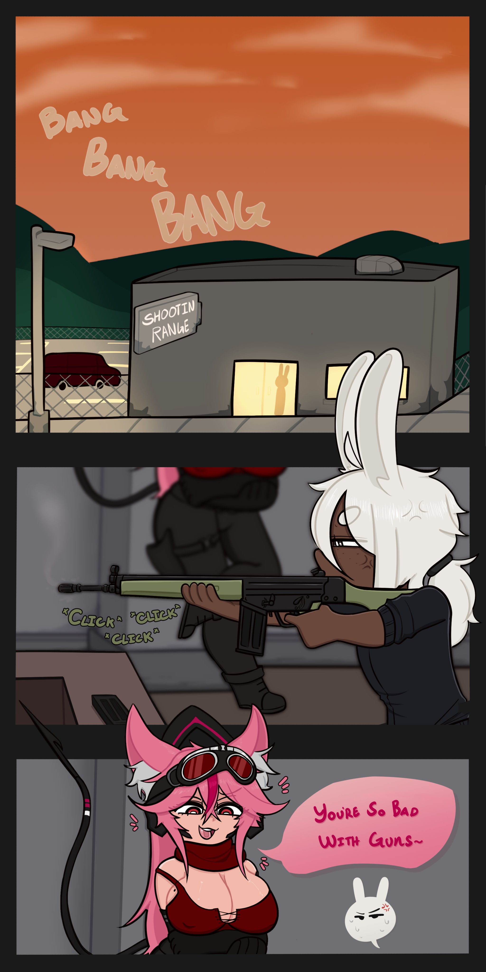 1boy, 1girls, 2026, ahoge, anger vein, assault rifle, big breasts, black boots, black gloves, black pants, black sleeves, black sweater, boots, bra, breasts, brown skin, brown-skinned male, building, bunny boy, bunny ears, cat ears, cleavage, clothed, clothed female, clothed male, coello, comic, commission, dark skin, dark-skinned male, dialogue, english text, eyebrows, eyebrows visible through hair, eyelashes, female, fn fal, freckles, freckles on face, fully clothed, fully clothed female, fully clothed male, gloves, goggles, goggles on head, grey eyes, gun, gun holster, hair tie, half-closed eyes, head ring, holding gun, indoors, kemonomimi, light skin, light-skinned female, long gloves, long hair, looking at another, magazine (gun), male, nipple bulge, onomatopoeia, open mouth, original character, original characters, pants, parking lot, penismaster48, pink eyes, pink hair, ponytail, red bra, red scarf, rixi (rixilirous), roblox, roblox avatar, robloxian, rolled up sleeves, scarf, shooting range, short ponytail, silhouette, sleeves, speech bubble, standing, street lamp, sunset, sweater, tail, taunting, teeth, text, tongue, van, white hair