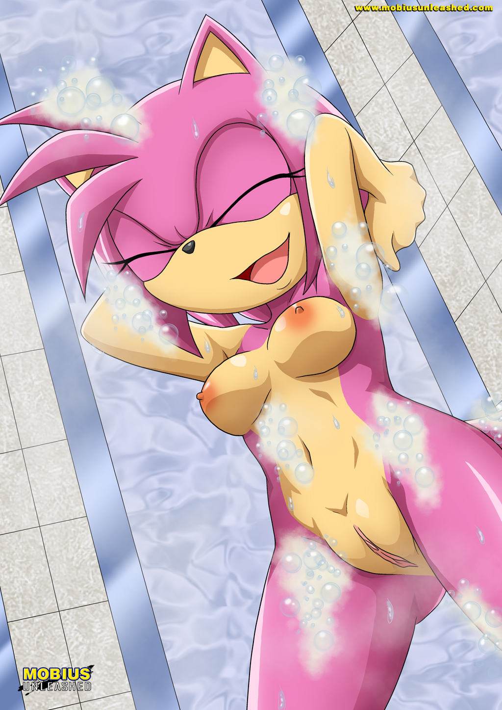 amy_rose anthro archie_comics bbmbbf breasts closed_eyes female fur furry furry_only hair mammal mobius_unleashed nipples nude palcomix pink_fur pink_hair pussy shower smile solo sonic_(series) washing wet