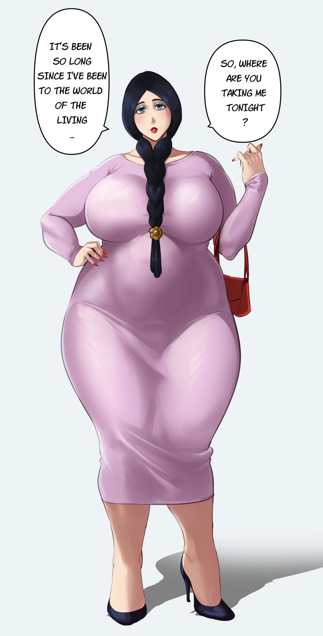 belly, belly button, big breasts, black hair, black heels, black makeup, bleach, blue eyes, hand on hip, heels, looking at viewer, purple dress, red lipstick, red nails, sunnysundown, talking to viewer, text bubble, thick thighs, thighs, unohana retsu