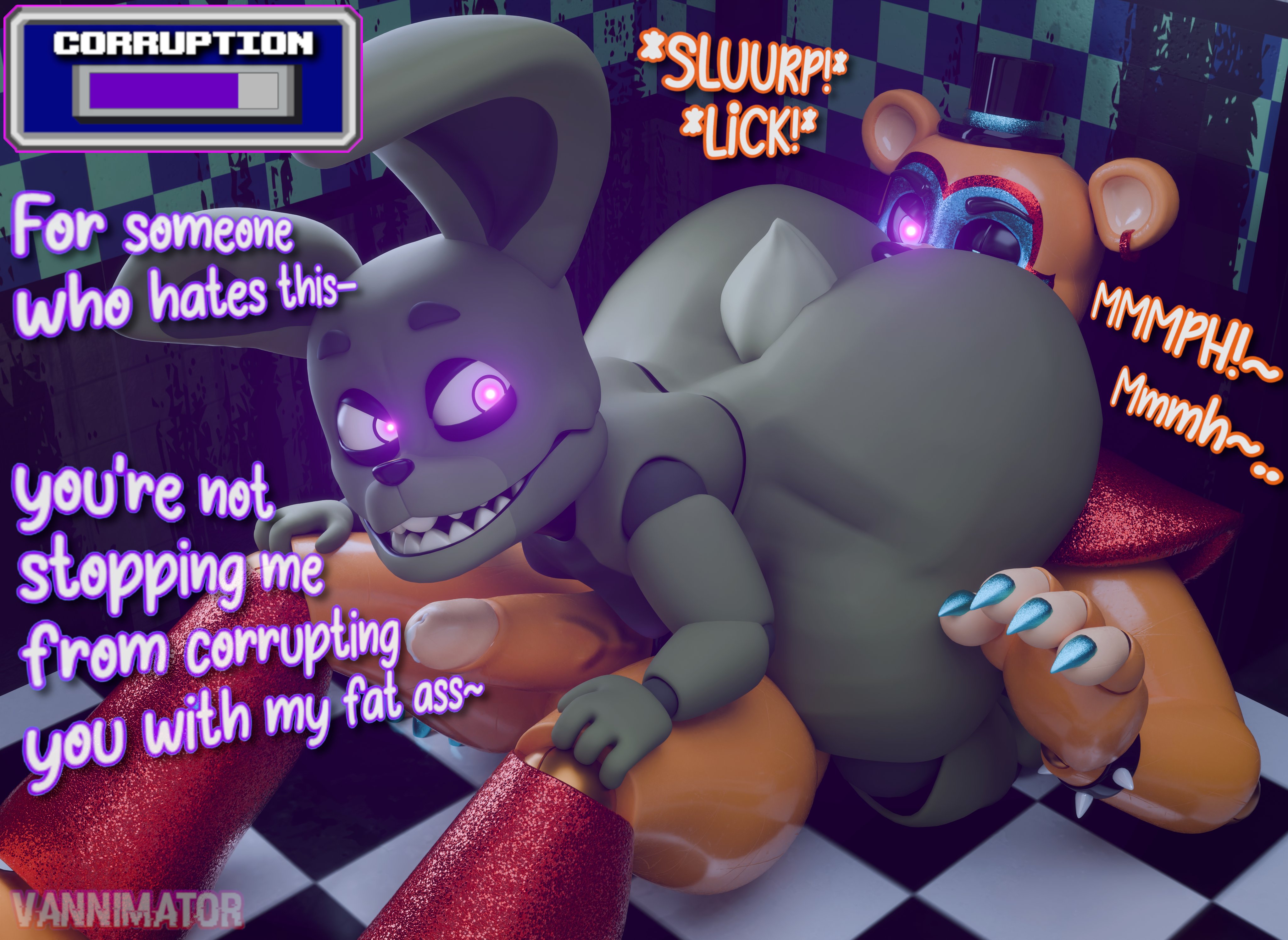 2boys, 3d, 3d (artwork), animatronic, ass, ass bigger than head, ass in face, bear, big ass, big penis, blender, blender (software), bratty, cock, cocky, corruption, corruption meter, defeated, dirty talk, dominant, dominant male, eating ass, english text, face in ass, facesitting, fat ass, fat thighs, femboy, five nights at freddy's, five nights at freddy's 4, five nights at freddy's: security breach, fnaf, gay, glamrock freddy (fnaf), hand on thighs, hat, headwear, huge ass, lagomorph, laying on back, licking, licking ass, looking back, looking back at partner, male, male only, male/male, mind break, mind control, naked, nonhuman, nude, penis, plushtrap, plushtrap (fnaf), precum, precum drip, purple eyes, rabbit, rimming, rimming male, robot, short tail, sitting, sitting on another, sitting on face, sitting on person, size difference, tail, talking, talking to another, text, thick thighs, thighs, twitter link, ursid, vannimator, yaoi