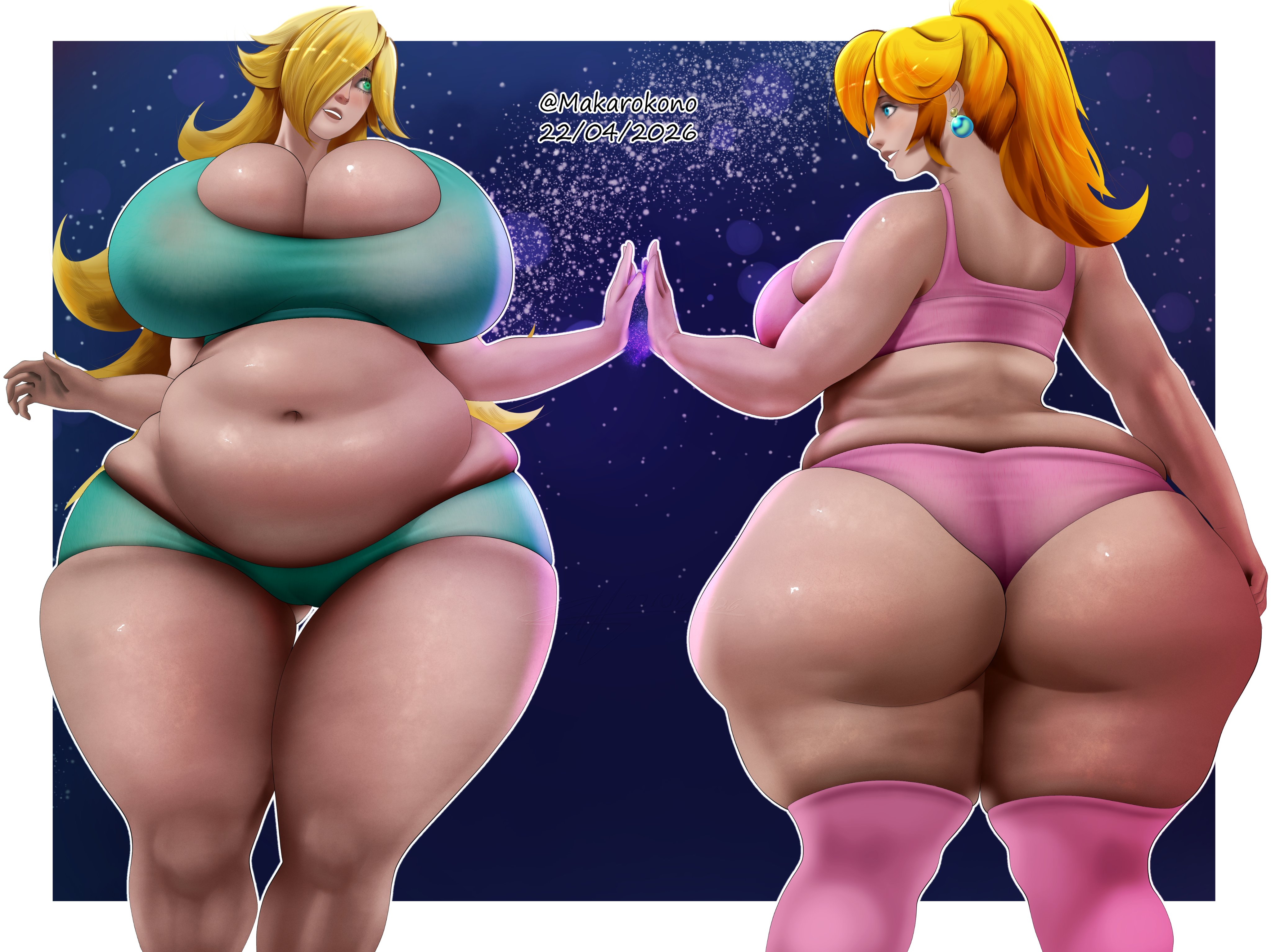 2020s, 2026, 2026s, 2girls, alternate ass size, alternate ass size (larger), alternate body type, alternate breast size, alternate breast size (larger), ass, ass bigger than head, ass visible through thighs, backboob, bbw, big ass, big belly, big breasts, blonde hair, blue clothes, blue clothing, blue eyes, boobs bigger than head, breasts, breasts bigger than head, bubble ass, bubble butt, chubby, chubby female, cleavage, digital drawing (artwork), digital media (artwork), fair skin, fat, fat ass, fat butt, female, female focus, female only, green eyes, hand to hand, huge ass, huge breasts, jpg, large ass, large breasts, makaro-kono (artist), mario (series), massive ass, massive butt, massive thighs, massive tits, multiple girls, night, nintendo, pawg, pawg build, pink clothing, princess, princess peach, princess rosalina, shiny, shiny clothes, shiny hair, shiny skin, stars, super mario bros., super mario galaxy, thighs bigger than head, twitter link, video game character, video games, voluptuous, voluptuous body, voluptuous female, watermark, white border