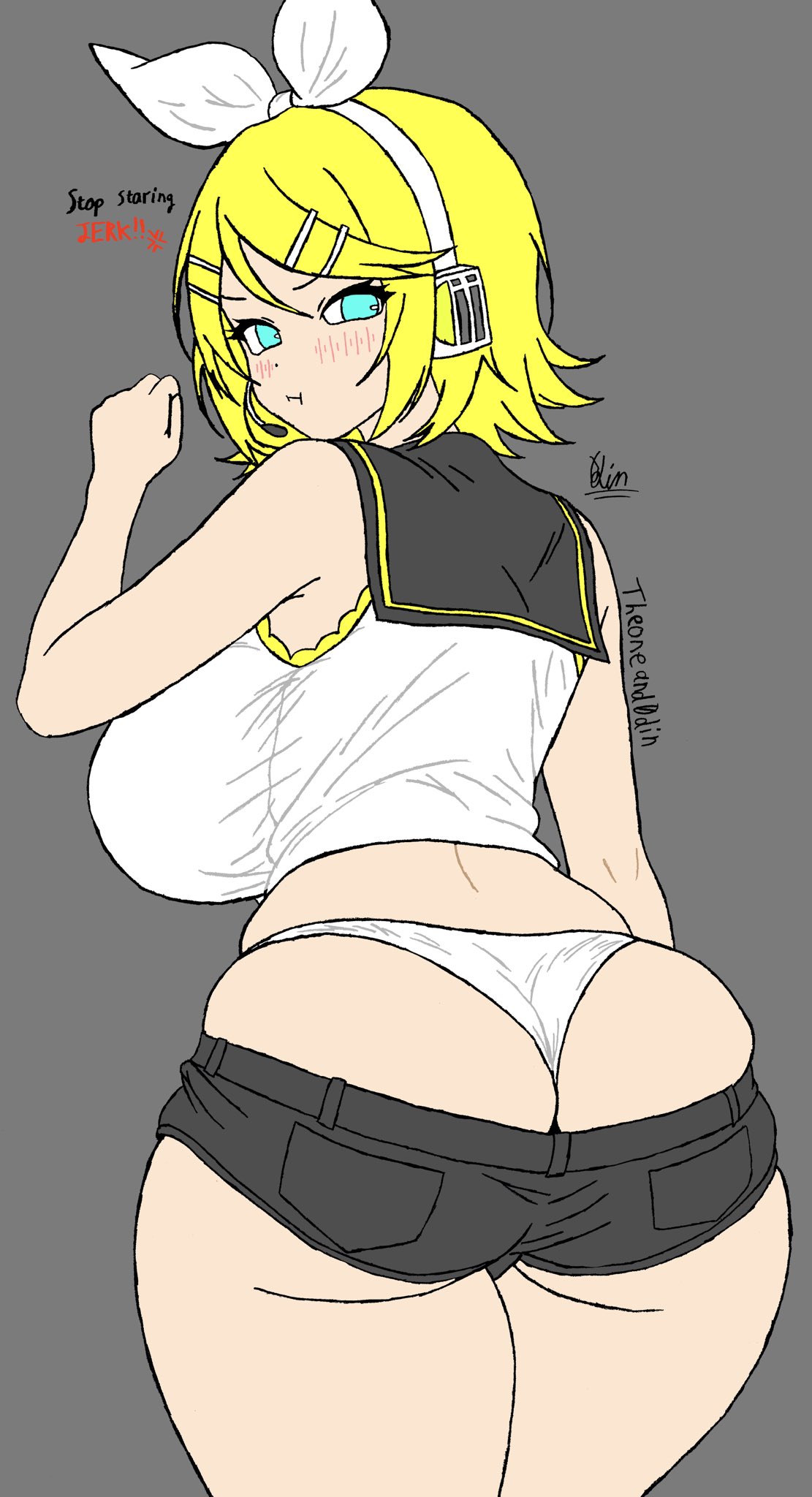 1girls, anger vein, annoyed, ass, ass hanging out, ass hanging out of shorts, back view, backboob, big ass, blue eyes, booty shorts, embarrassed, english, english dialogue, english text, hair ribbon, headphones, headwear, huge ass, huge breasts, kagamine rin, large ass, large breasts, looking at viewer, panties, short shorts, shorts, sideboob, skindentation, sleveeless shirt, talking to viewer, theoneand0din, thick thighs, thigh gap, thighs, tight clothing, undersized clothes, underwear, vocaloid, white panties, yellow hair
