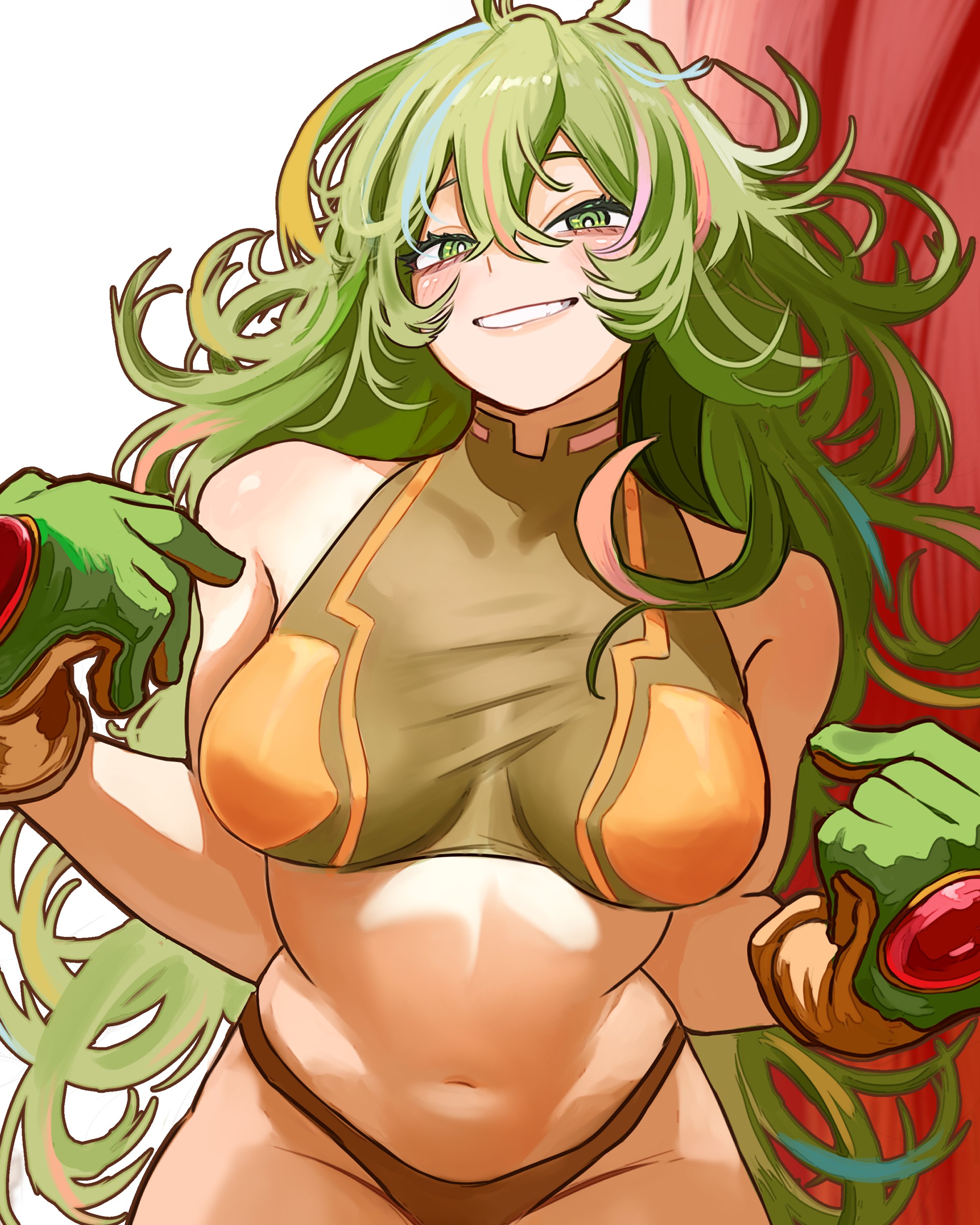 1girl, 1girls, absurdres, bare arms, bare shoulders, bikini, blush, boku no hero academia, breasts, bright pupils, brown bikini, commentary, crop top, deku's photo of hagakure toru, gloves, green bikini, green eyes, green gloves, green hair, grin, halter top, halterneck, hands up, highres, large breasts, light-skinned female, long hair, looking at viewer, messy hair, mismatched bikini, multicolored hair, my hero academia, my hero academia (finale), navel, official alternate costume, pink streaks, pointing, pointing at self, post-timeskip, revision, ringed eyes, slim waist, smile, solo, spanish commentary, stomach, swimsuit, tooru hagakure, tooru hagakure (post-timeskip), tooru hagakure (visible), turtleneck bikini top, two-tone gloves, vlizz, white pupils, wide hips