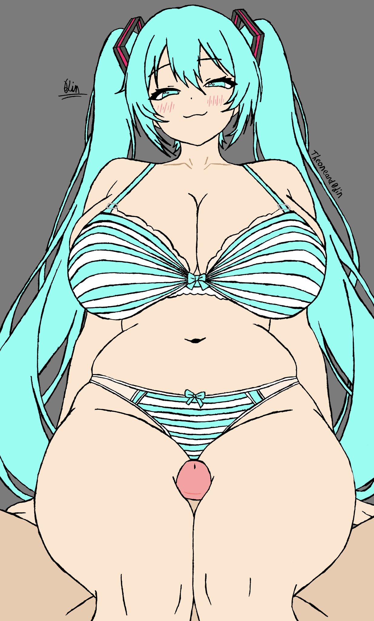 :3, 1boy, 1girl, 1girls, 3, aqua eyes, aqua hair, belly, belly button, blush, bow bra, bow panties, bra, breasts, cleavage, curvy, grey background, hatsune miku, hetero, huge breasts, large breasts, long hair, looking at viewer, navel, panties, penis, plump, pov, pov eye contact, pov male, sex, simple background, sitting, smile, smug, smug face, smug smile, solo focus, striped, striped bra, striped panties, theoneand0din, thick thighs, thigh job, thigh sex, thighjob, thighs, twintails, uncensored, underwear, underwear only, very long hair, vocaloid
