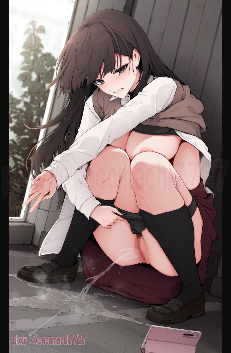 1girls, artist name, black bra, black panties, blush, bra, bra lift, breasts, brown hair, cardigan, cardigan vest, clenched teeth, female, kokomachi, large breasts, long hair, looking at viewer, nipples, original, original character, panties, panty pull, pee puddle, pee squat outdoors, peeing, phone, puddle, pussy, school uniform, shirt, shirt lift, skirt, sweat, underwear, vest, vest lift