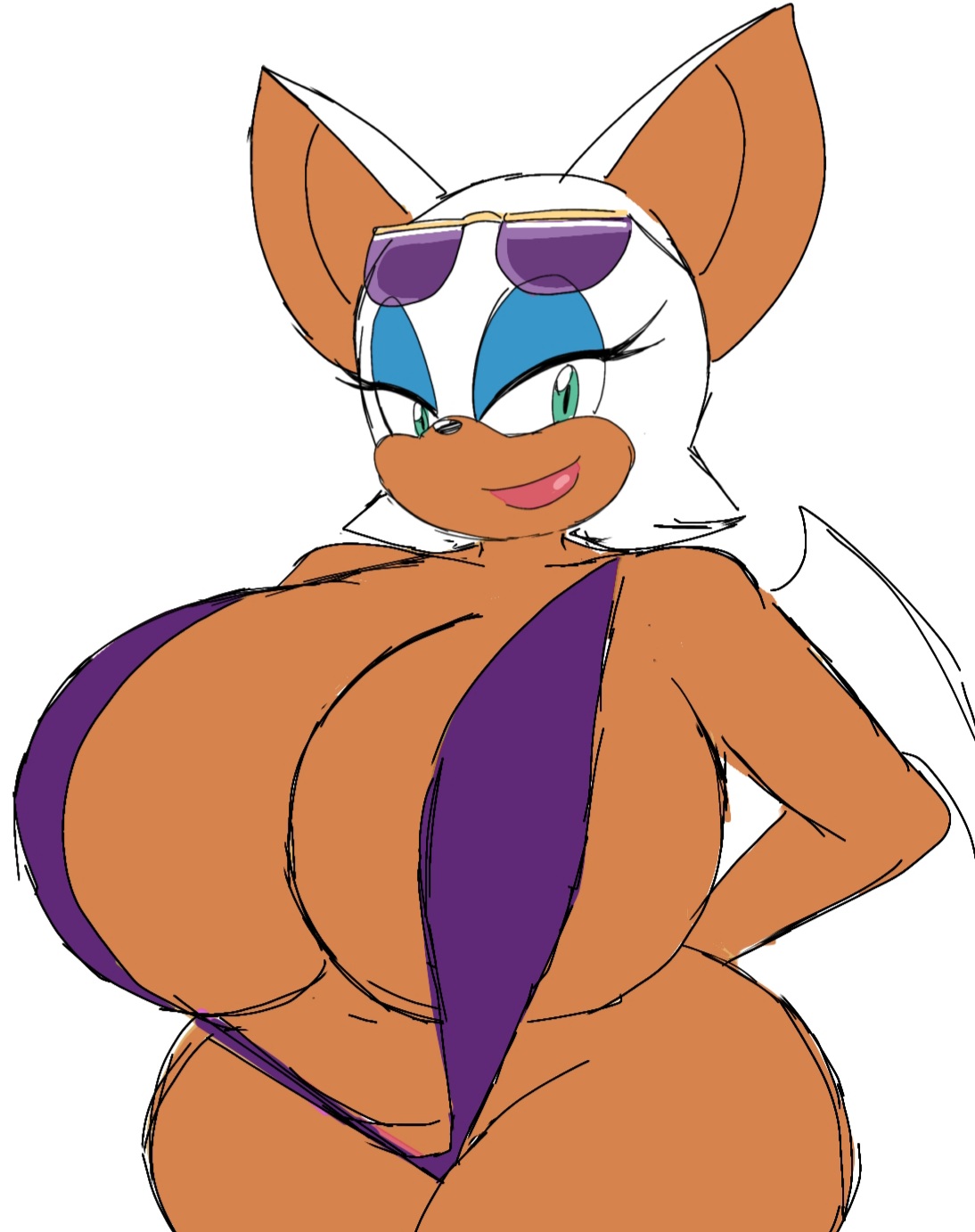 1girls, alternate body type, alternate breast size, alternate costume, anthro, bare shoulders, bat ears, bat wings, big breasts, big ears, breasts, dark skin, dark-skinned female, eyelashes, eyeshadow, eyewear, eyewear on head, female, female focus, female only, furry, gigantic breasts, glasses, glasses on head, half-closed eyes, highres, hips, huge breasts, large breasts, lips, lipstick, looking down, looking to the side, magenta lipstick, makeup, mammal, momiji (artist), navel, one-piece swimsuit, pinup, revealing clothes, rouge the bat, seductive, sega, shortstack, simple background, skimpy, sling bikini, smile, solo, solo female, sonic (series), sonic the hedgehog (series), sunglasses, sunglasses on head, swimsuit, tan skin, teal hair, thick lips, thick thighs, thighs, white background, white hair, wide hips, wings