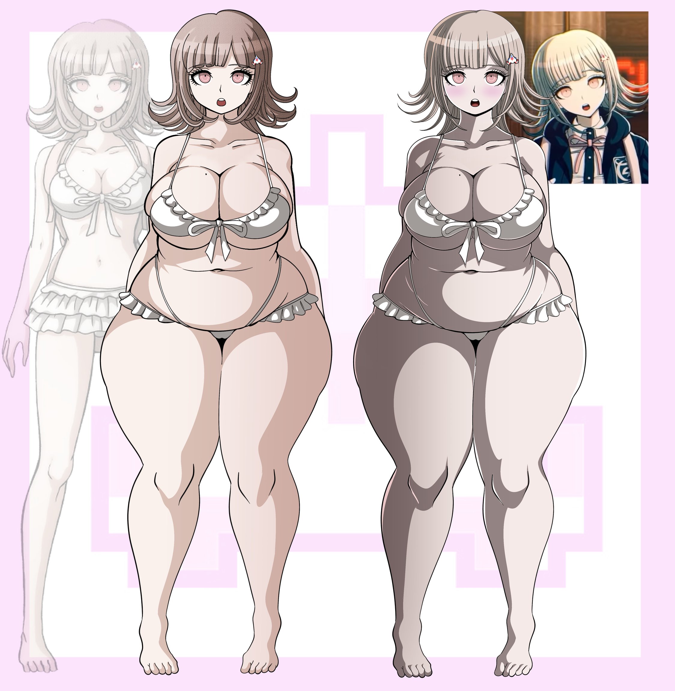 1girls, before and after, belly, bikini, blush, blushing, chubby, chubby female, comparison, danganronpa, danganronpa 2: goodbye despair, danganronpa 2x2, erect nipples, fat female, gigantic thighs, hard nipples, huge ass, huge breasts, huge thighs, mole on breast, muffin top, naked female, nanami chiaki, navel, naver, open mouth, pudgy belly, pussy, pussy outline, pussy peek, solo, thick thighs, venus body, weight gain, wide hips