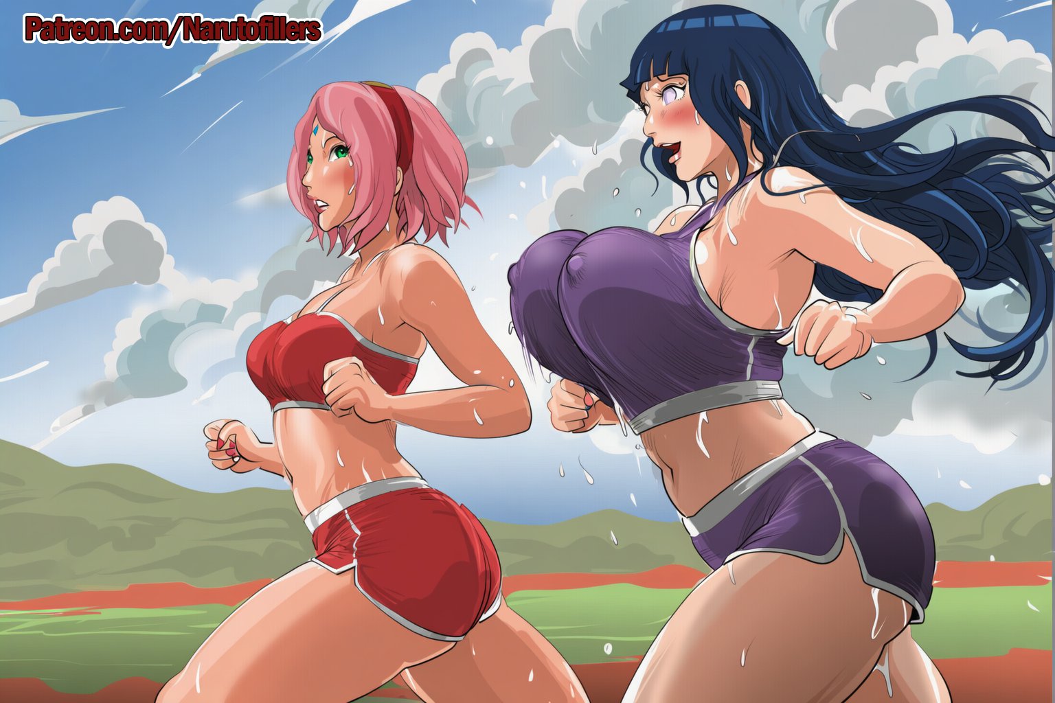 ai generated, armpits, big ass, blushing, breast envy, exercise, exercise clothing, haruno sakura, hyuuga hinata, massive breasts, naruto, naruto (series), naruto shippuden, narutofillers, nipples visible through clothing, pointy nipples, running, sakura haruno, sports bra, sportswear, sweat, tubetop