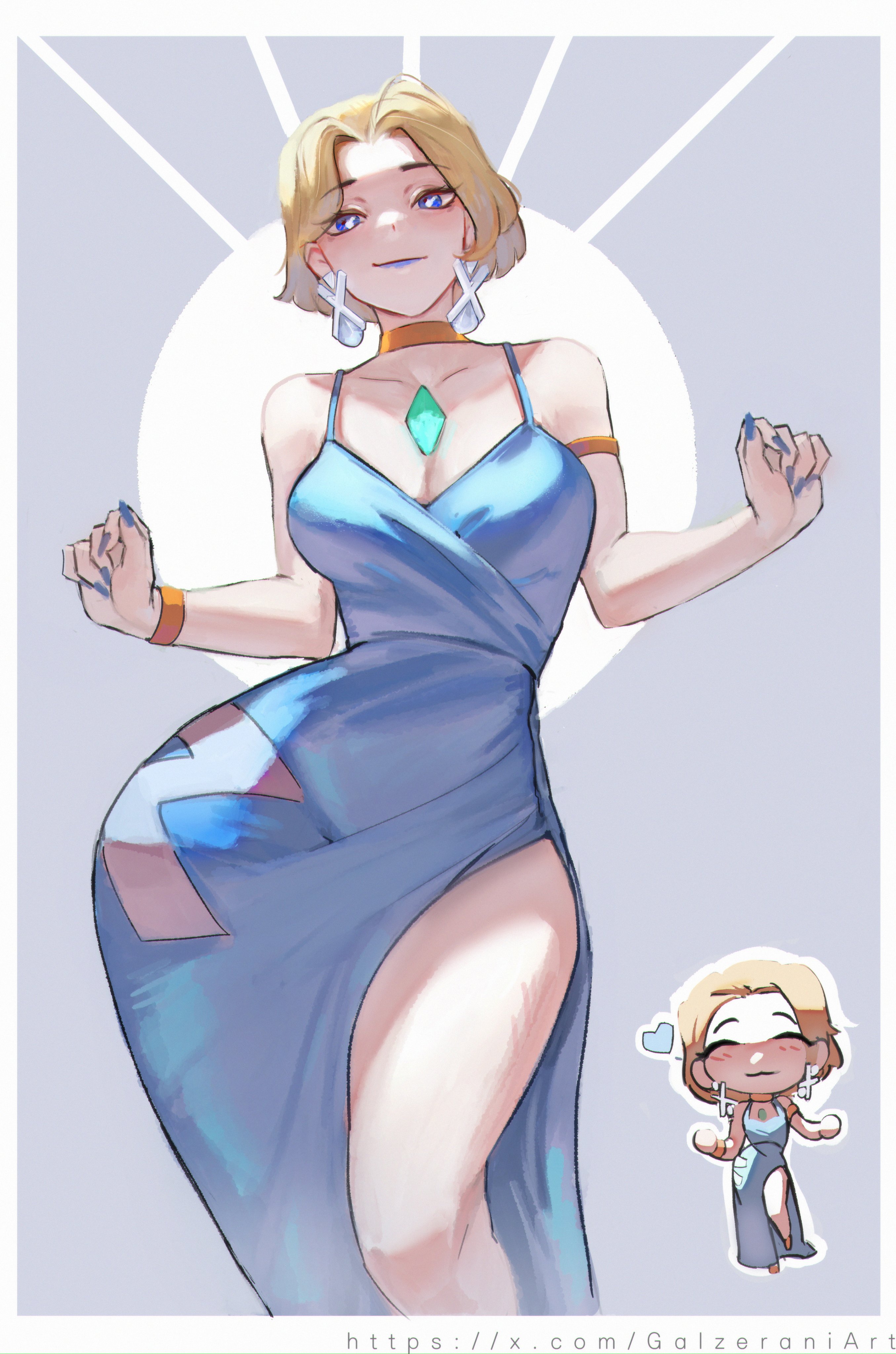 1girl, 1girls, 2d, absurdres, alternate costume, armlet, bare shoulders, blonde hair, blue dress, blue eyes, blue lips, blue nails, border, breasts, chibi, chibi inset, choker, cleavage, closed eyes, closed mouth, clothed, collarbone, dress, earrings, emma frost, facing viewer, feet out of frame, fully clothed, galzerani, heart, highres, jewelry, looking at viewer, marvel, marvel rivals, medium breasts, nail polish, short hair, side slit, single bare leg, smile, solo, spaghetti strap, straight-on, twitter username, white border, wholesome, wide hips, x-men