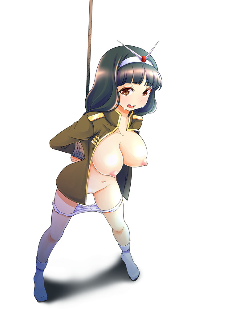 1girls arms_behind_back blush bondage bound_arms breasts brown_eyes crying female green_hair gundam gundam_lost_war_chronicles hairband human kergerenko large_breasts light-skinned_female light_skin looking_at_viewer military military_uniform nipples open_mouth panties panty_pull pussy_juice rope shiawase_ni_naru solo standing tears tiara tied_up underwear uniform zeon