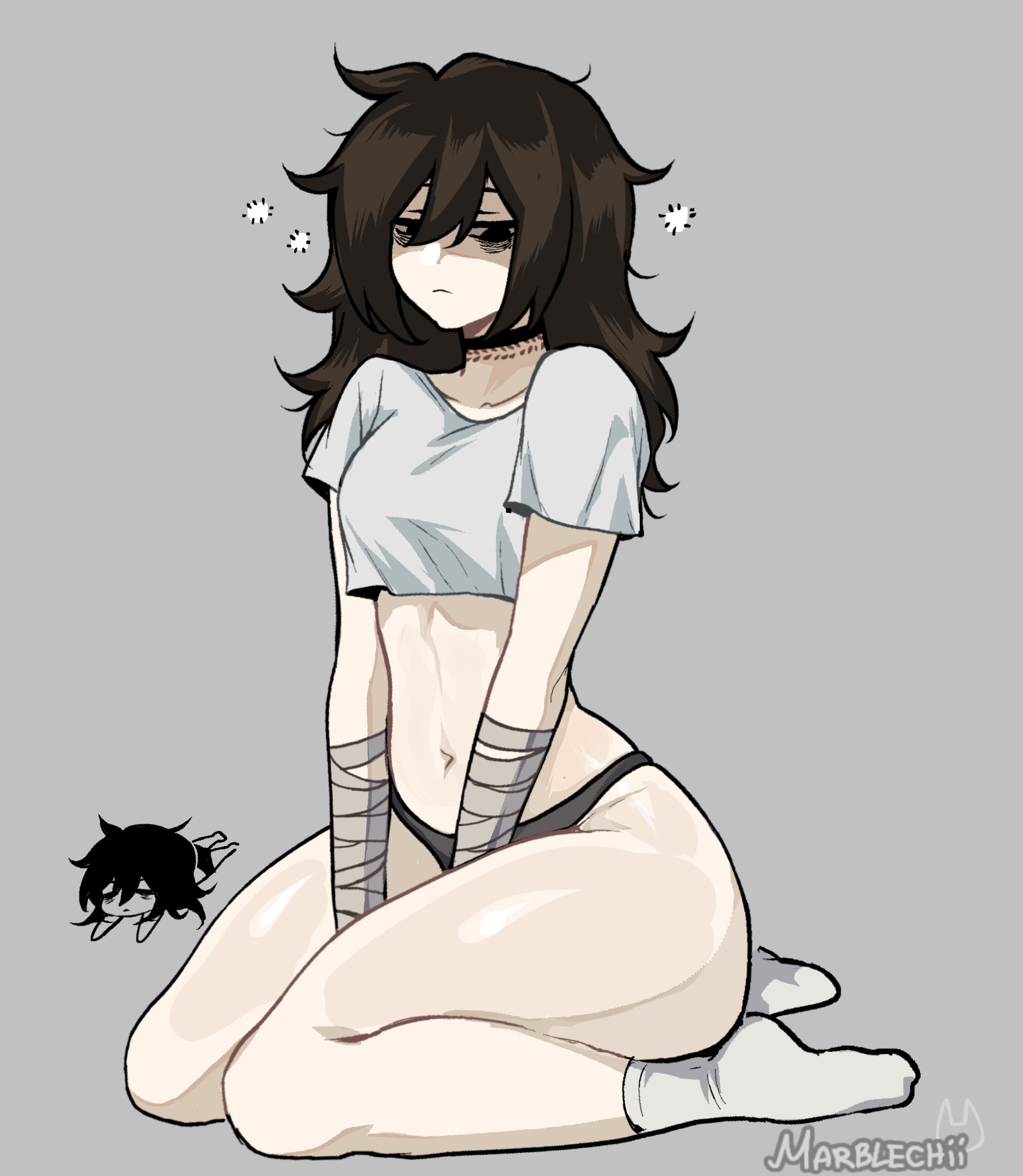 1girl, 2024, bags under eyes, bandaged arm, black hair, borrowed character, breasts, chibi, cropped shirt, curvy, curvy figure, female, female focus, female only, kneeling, light-skinned female, long hair, marblechii, messy hair, neutral expression, original, pale skin, panties, shig (shigezie), sitting, slim thick, slim waist, socks, solo, thick thighs, voluptuous