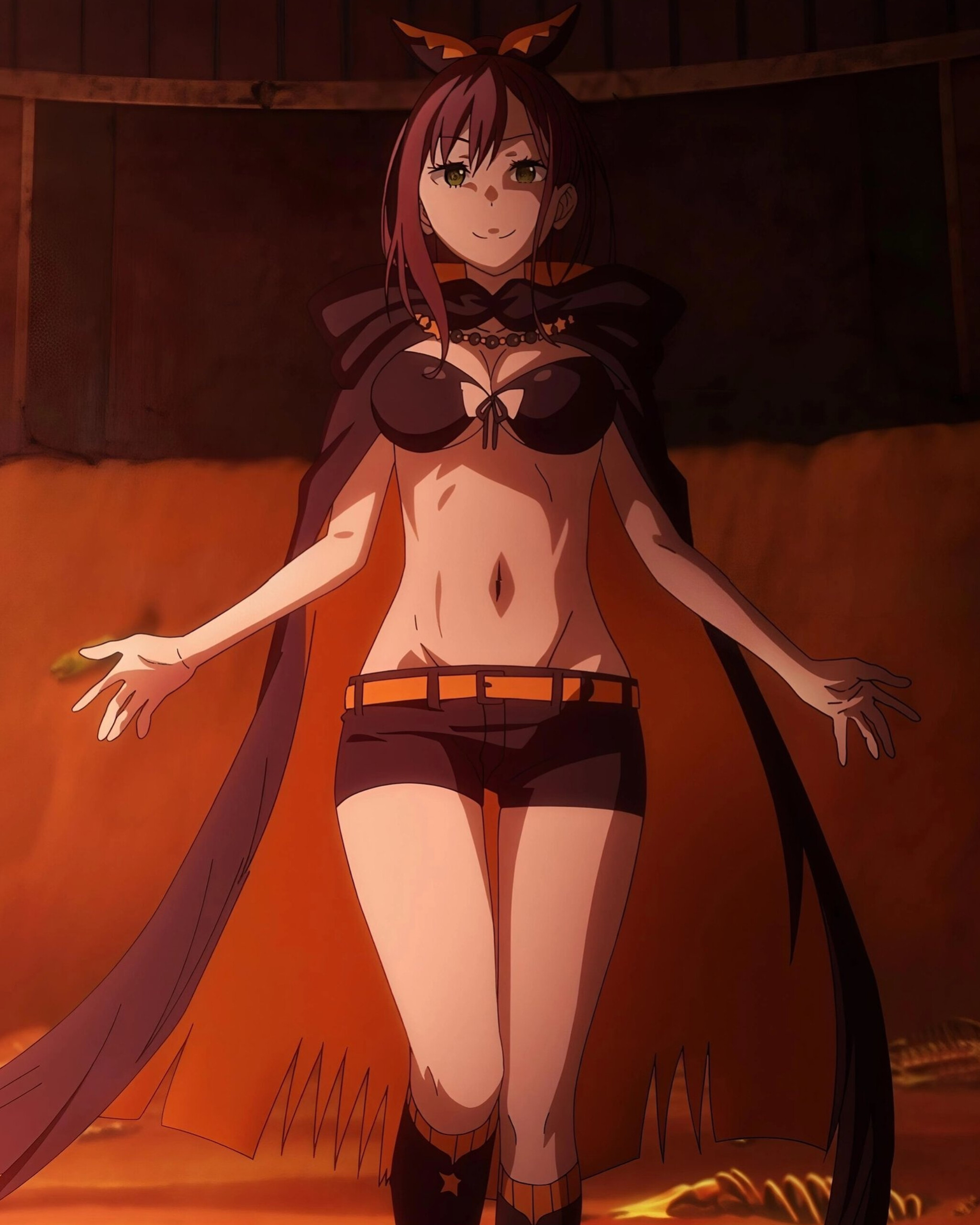 1girls, arms open, bare midriff, bare skin, bare stomach, belly, belly button, belly cutout, belly fetish, belly focus, belly out, belly outline, big breasts, big smile, black bra, black outfit, black shorts, bra, breasts, brown hair, coat, cute, cute expression, cute face, cute female, cute girl, exposing self, extremely cute, flushed, flushed cheeks, flushed expression, flushed face, green eyes, hair ornament, hips, hips cutout, hips focus, hips outline, hot girl, hourglass figure, hourglass figured female, inviting, inviting look, inviting viewer, midriff, midriff cutout, midriff exposed, midriff focus, midriff peek, midriff showing, navel, navel cutout, navel fetish, navel focus, navel line, navel outline, orange outfit, perfect body, posing for the viewer, re:zero kara hajimeru isekai seikatsu, red pupils, ribcage, ribs, screencap, seducing, seduction, seductive, seductive body, seductive eyes, seductive gaze, seductive look, seductive mouth, seductive pose, seductive smile, sexy, sexy body, sexy female, sexy pose, shaula (re:zero), short shorts, shorts, showing belly, showing body, showing navel, showing off, showing off belly, showing off body, showing tummy, slender, slender body, slender build, slender waist, slim body, slim female, slim figure, slim girl, slim thick, slim torso, slim waist, smile, smiling, smiling at viewer, stomach, stomach cutout, stomach lines, stomach out, stomach outline, suggestive, suggestive gesture, suggestive look, suggestive pose, suggestive posing, suggestive smile, thin waist, tummy, waist, waist belt, walking, walking towards viewer, wide hipped female, wide hips