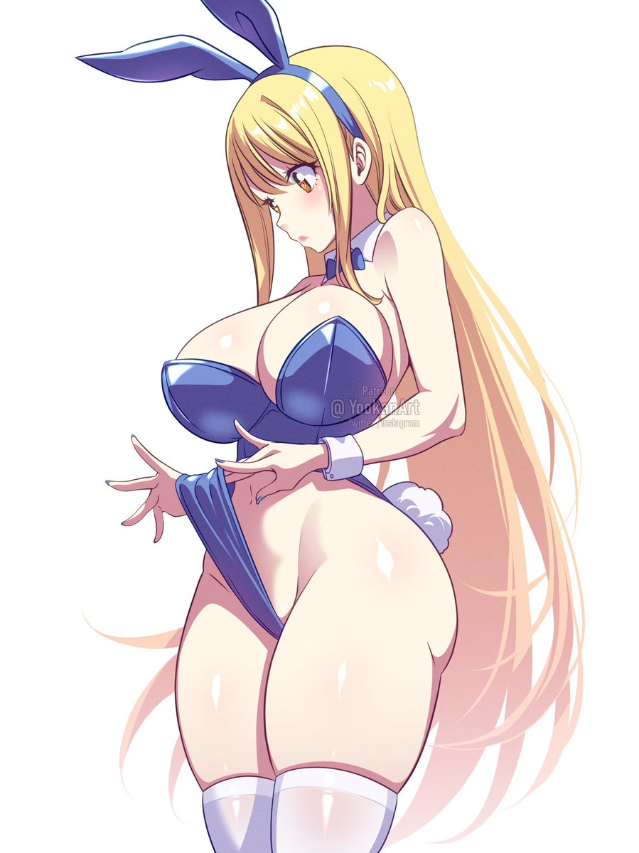 1girl, 1girls, adjusting clothes, adjusting leotard, animal ear hairband, animal ears, artist name, blonde hair, blue bow, blue bowtie, blue hairband, blue leotard, blue nails, bow, bowtie, breasts, cleavage, commentary, cowboy shot, detached collar, english commentary, fairy tail, fake animal ears, fake tail, female, female only, hairband, highres, large breasts, leotard, long hair, lucy heartfilia, nail polish, navel, painted fingernails, painted nails, playboy bunny, rabbit ear hairband, rabbit ears, rabbit tail, revealing clothes, simple background, skindentation, solo, tail, thighhighs, very long hair, white background, white thighhighs, white wrist cuffs, wrist cuffs, yellow eyes, yookanart