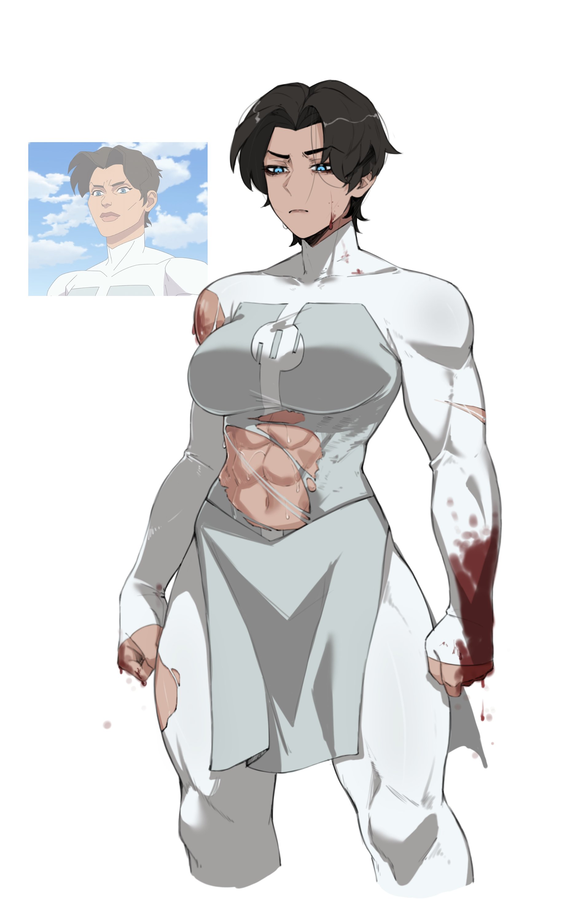 1girls, 2026, abs, anissa, black hair, blue eyes, breasts, female, female focus, female only, invincible, invincible (tv series), large breasts, looking at viewer, masoq095, muscular, muscular female, solo, solo female, thick thighs, thighs, torn clothes, viltrumite, viltrumite uniform, white background, wide hips