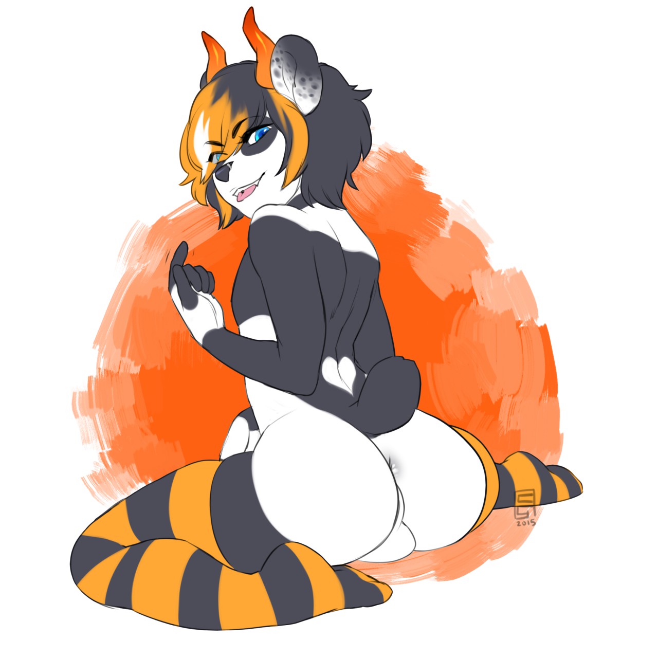 animal ears, animal tail, anus, ass, backsack, balls, ballsack, black fur, black hair, blue eyes, enjoipandas, femboy, fur, girly, horns, male, male only, orange hair, panda, solo, tagme, testicles, thighhighs, tongue, tongue out, white fur, white hair