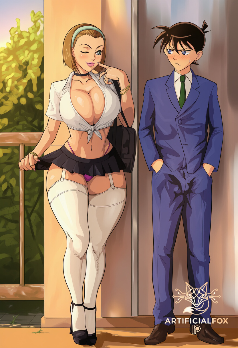 1boy, 1girls, ai generated, artificialfox, detective conan, female, finger on lip, male, shinichi kudo, slutty female, sonoko suzuki, waiting