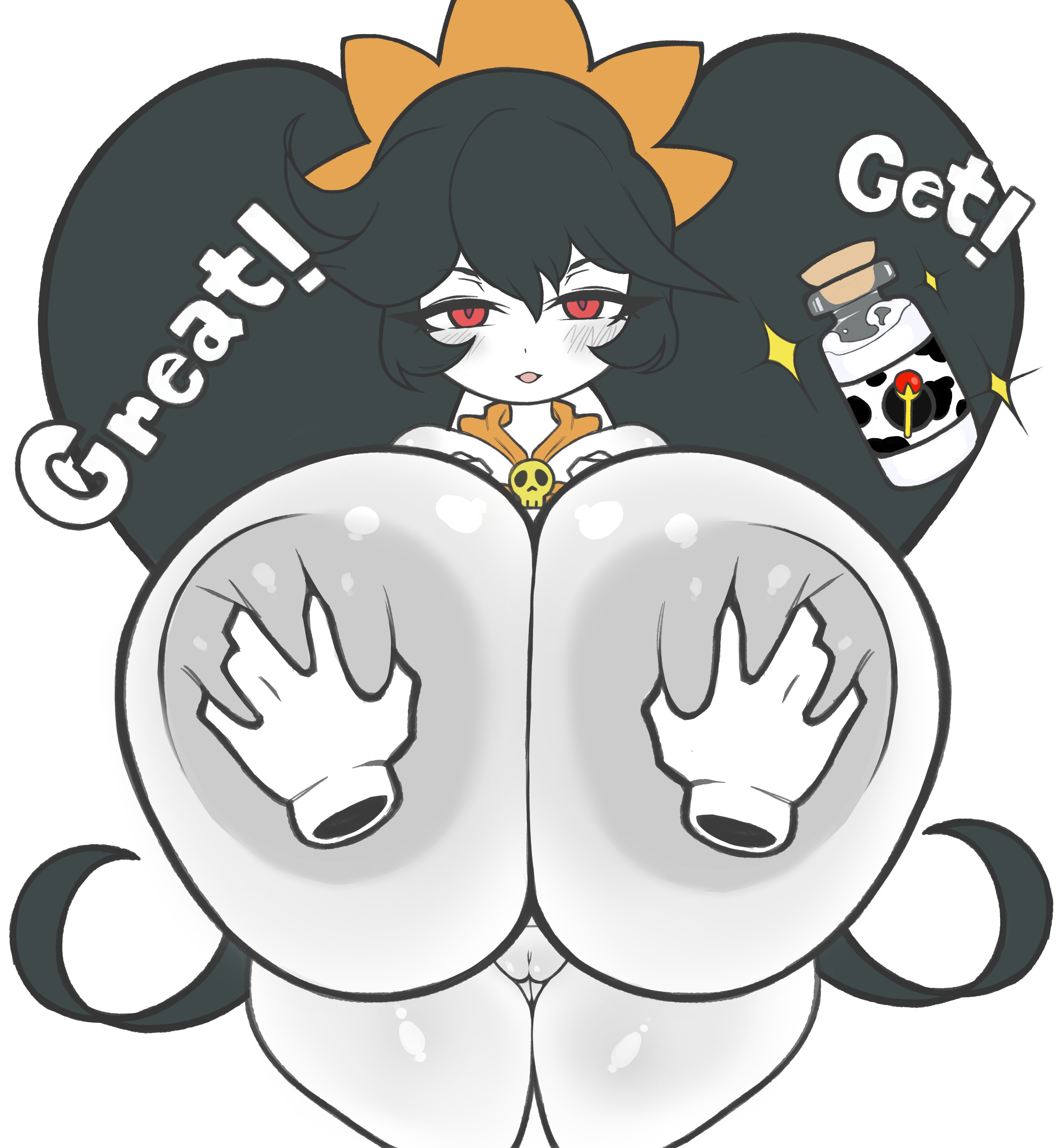 areolae, ashley (warioware), black hair, blush, blushing, breast grab, breast milk, double breast grab, groping, groping breasts, huge areolae, huge breasts, hyper, hyper breasts, looking at viewer, nipples, red eyes, shortstack, thanuki, thanukiart, warioware