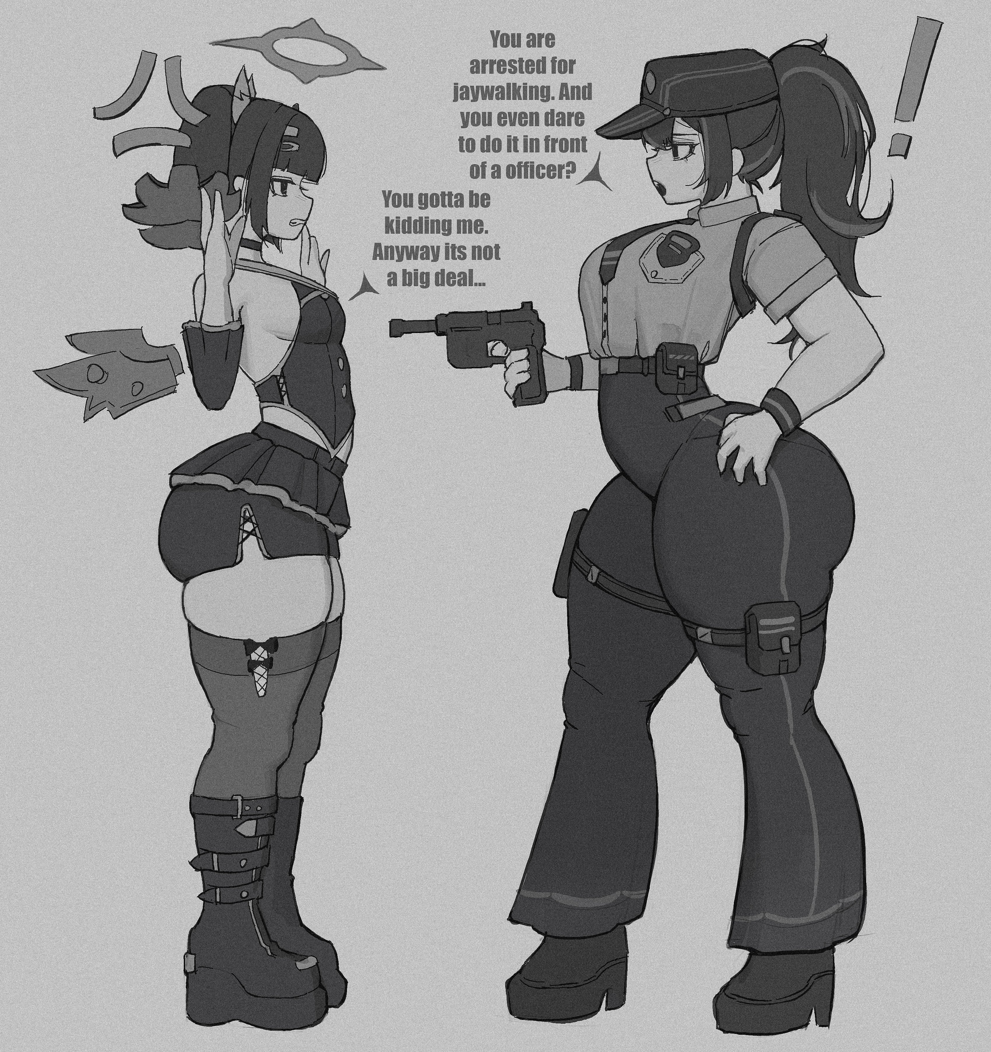2girls, absurdres, angels of delusion, ass, ass size difference, big ass, big butt, black boots, black hair, black pants, black streaks, black thighhighs, blunt bangs, boots, breasts, clozzy01, collared shirt, commentary, curvy, curvy female, english commentary, english text, facing another, from side, full body, greyscale, gun, hair between eyes, halo, hand on own hip, hand up, high ponytail, highres, holding, holding gun, holding weapon, huge ass, large ass, medium breasts, miniskirt, monochrome, multicolored hair, nangong yu (rhapsody's muse) (zenless zone zero), nangong yu (zenless zone zero), necktie, pants, ponytail, shirt, shorts, sidelocks, skirt, standing, streaked hair, thick thighs, thighhighs, thighs, twintails, voluptuous, voluptuous female, weapon, wings, zenless zone zero, zhu yuan