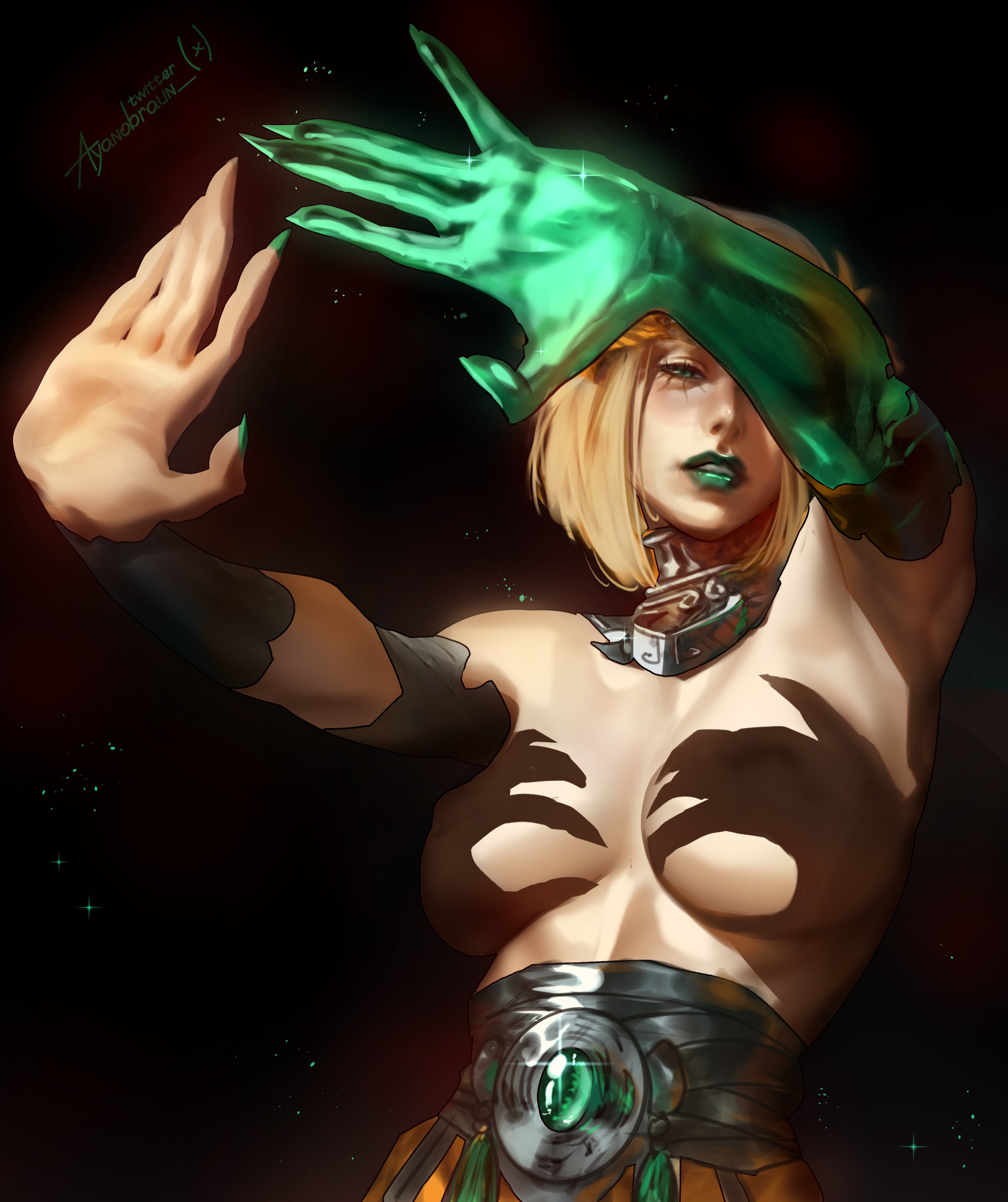 artistic nude, attractive, ayanobraun, blonde hair, breasts, covered nipples, green eyes, green lipstick, hades (game), hades 2, hands casting shadow, melinoe (hades), neckwear, nipples, pale skin, seductive, shadow, sharp fingernails, short hair, slim waist, tagme, topless, voluptuous
