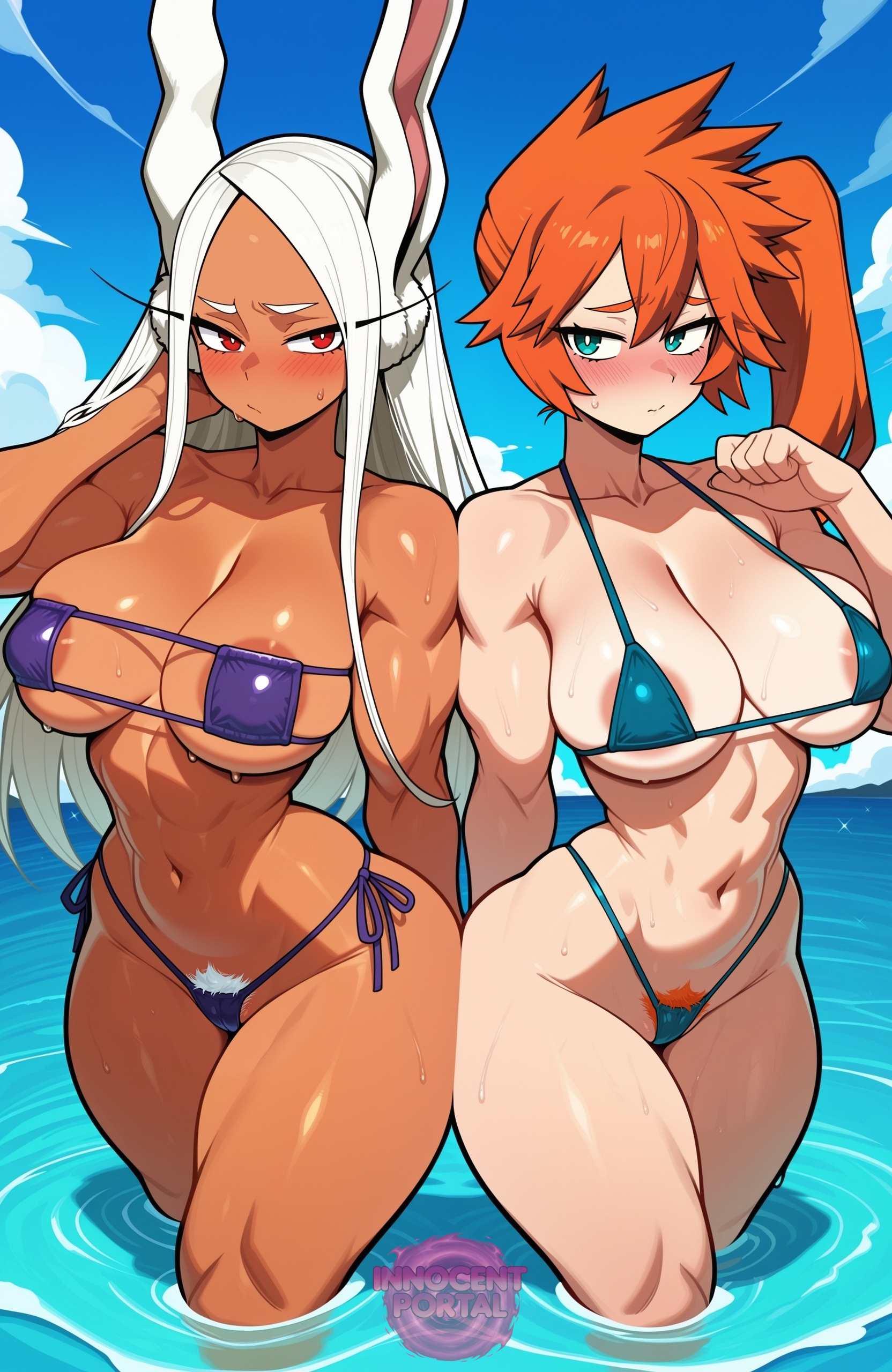 2girls, ai generated, areola slip, ass to ass, ass touch, beach, beautiful, beautiful female, beautiful girl, big breasts, bikini, blush, blush lines, blushing, blushing at viewer, boku no hero academia, boku no hero academia (finale), breasts, busty, busty female, class 1b, dark skin, eyepatch bikini, female, female focus, female only, females, jorgecarlosai, long ears, long hair, micro bikini, multiple girls, my hero academia, my hero academia (finale), navel, orange hair, orange pubic hair, orange-haired female, pale skin, pubic hair, quirk (mha), quirked human (my hero academia), rabbit, rabbit ears, rabbit girl, rabbit humanoid, red eyes, revealing bikini, sexy, sexy bikini, side ponytail, standing, superheroine, tanned, tanned female, tanned skin, teal eyes, touching ass, water, watermark, white hair, white pubic hair, white-haired female