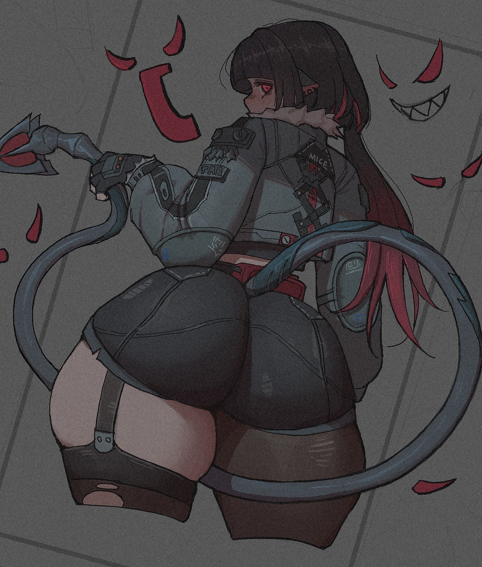 1girl, alternate eye color, animal ears, ass, ass focus, black hair, breasts, clozzy01, cropped legs, from behind, gloves, high-waist shorts, highres, huge ass, jacket, jane doe (zenless zone zero), large breasts, long hair, looking at viewer, looking back, mouse ears, mouse girl, mouse tail, multicolored hair, pantyhose, red eyes, sharp tail, shorts, tail, thick thighs, thighs, very long tail, wide hips, zenless zone zero