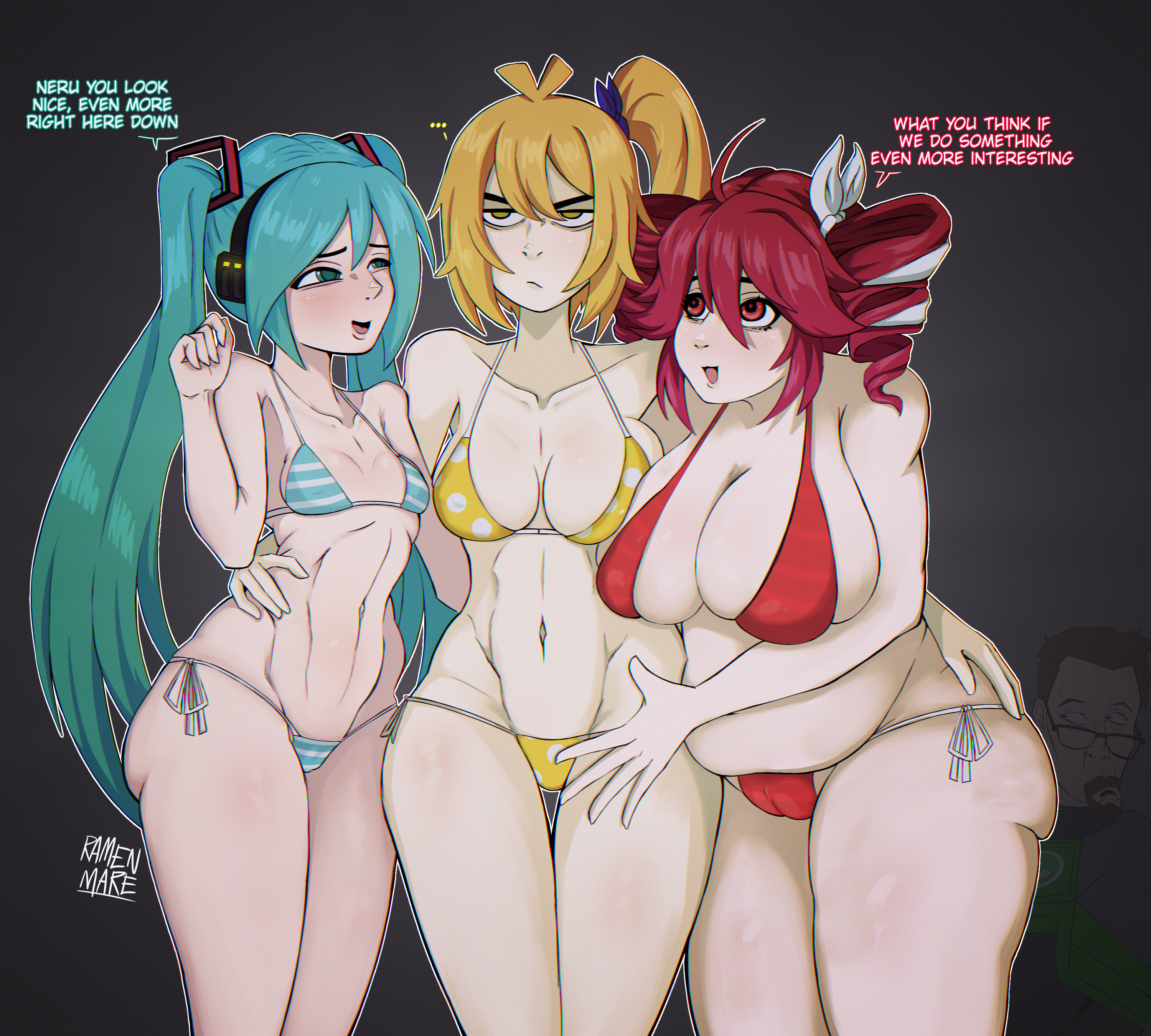 3girls, akita neru, artist name, bikini, blonde hair, blue eyes, cameltoe, covered nipples, curvy, curvy figure, cyan hair, drill hair, english text, gordon freeman, hair ornament, half-life (series), hand on ass, hand on crotch, hand on hip, hatsune miku, hi res, imminent fingering, kasane teto, large breasts, lesbian, medium breasts, navel, plump, ponytail, ramen mare, red eyes, red hair, simple background, slim female, small breasts, standing, string bikini, teasing, triple baka (vocaloid), utau, vocaloid, whatsapp