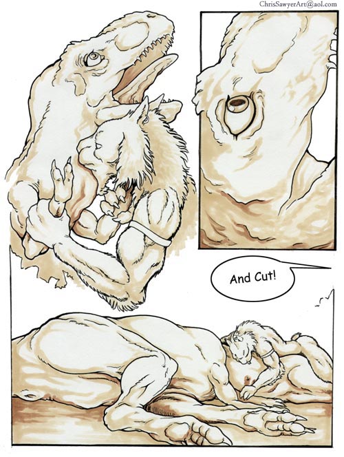 anthro anthro_on_feral armband chris_sawyer comic dialogue dinosaur english_text feline female feral furry interspecies larger_female larger_feral male mammal predator/prey prey_for_me_(comic) raptor saber-toothed_cat scalie size_difference smaller_male straight text toned tyrannosaurus_rex zoophilia