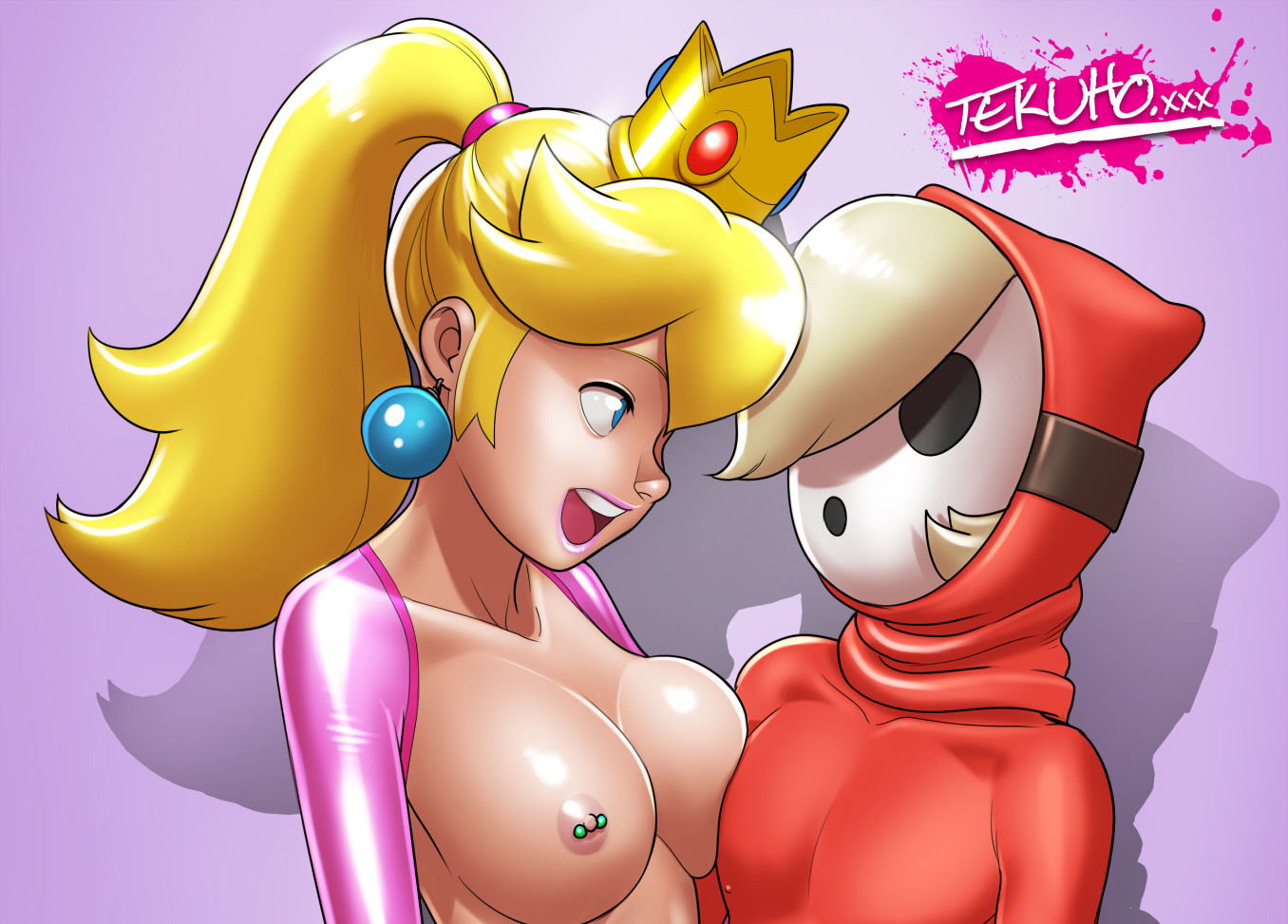 1boy, 1girls, areola, blonde hair, blue eyes, breast press, breasts, cleavage, crown, cuckold, earrings, female, femboy, large breasts, male, mario (series), nintendo, nipple piercing, nipples, piercing, ponytail, princess peach, shy guy, tekuho, tied hair, trap, voluptuous