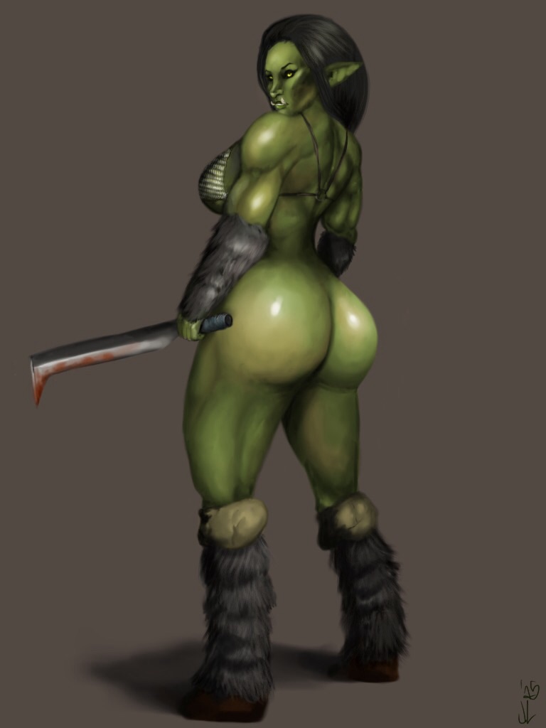 anatomy fail, ass, bad anatomy, black hair, black sclera, breasts, erzebetblah, female, full length, full-length portrait, gigantic ass, green skin, huge ass, huge breasts, large breasts, monster girl, muscular, muscular female, no panties, orc, orc female, perky breasts, pointy ears, portrait, pose, sideboob, slit pupils, solo, solo female, standing, sword, thick thighs, thighs, tusks, weapon, yellow eyes