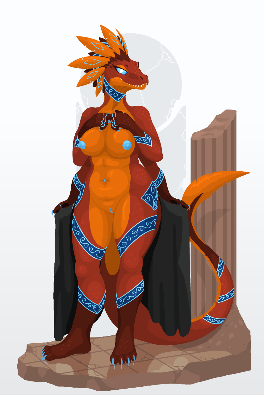 anthro breasts claws clothing female looking_at_viewer multi_arm multi_limb navel nipples nude phlegraofmystery pussy scalie smile solo standing tribal undressing