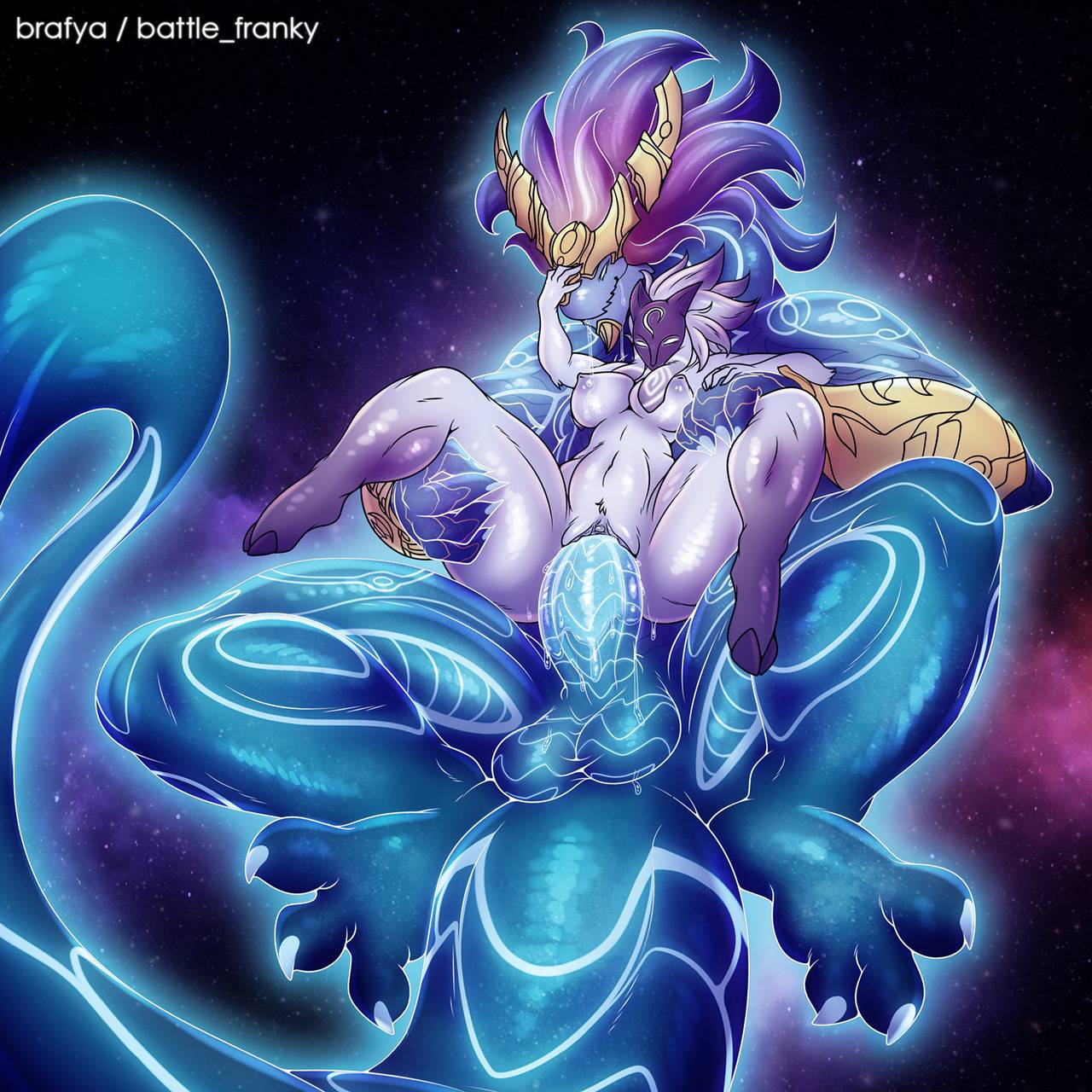 anthro, anthro on anthro, anthrofied, aurelion sol, balls, battle franky, blue body, blue eyes, breasts, claws, detailed background, dragon, duo, female, female on top, fluffy, furry, goat, hand on hand, hand on head, hands on legs, interspecies, kindred, lamb (league of legends), league of legends, male, mask, multicolored fur, multicolored hair, muscular, muscular male, nipples, penis, pleasure face, purple fur, purple hair, pussy, pussy juice, riot games, saliva, sex, smile, straight, tail, testicles, vagina, vaginal penetration, white fur, white hair