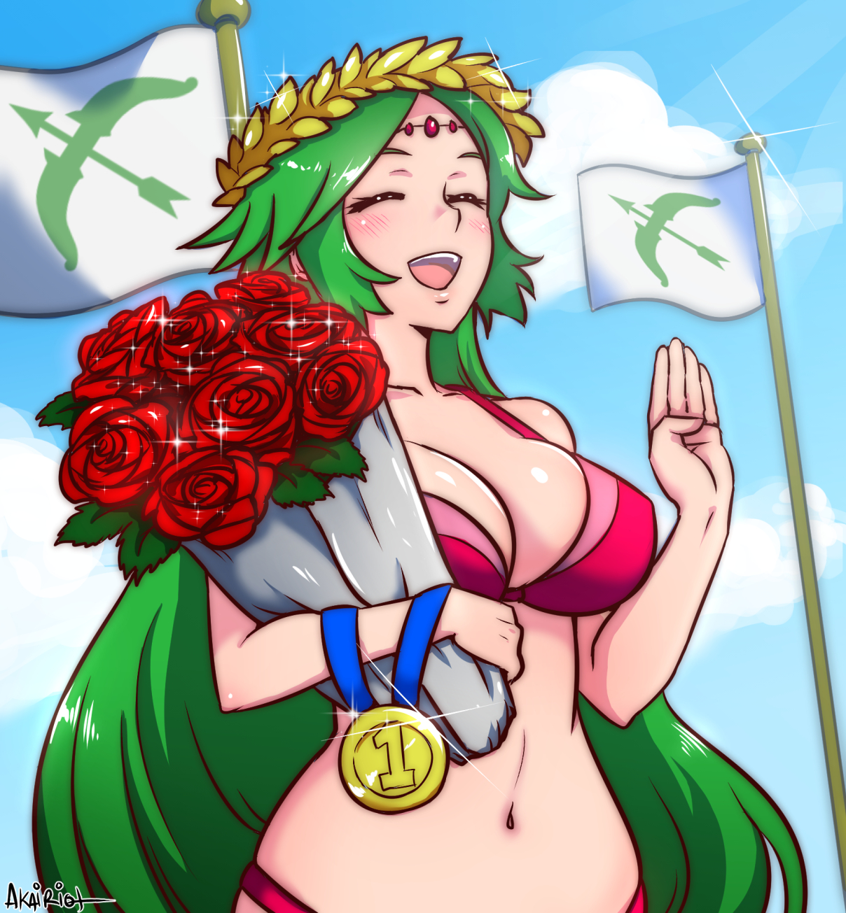 akairiot, bikini, blush, breasts, crown, female, green hair, kid icarus, large breasts, long hair, navel, nintendo, open mouth, palutena, smile, solo, standing