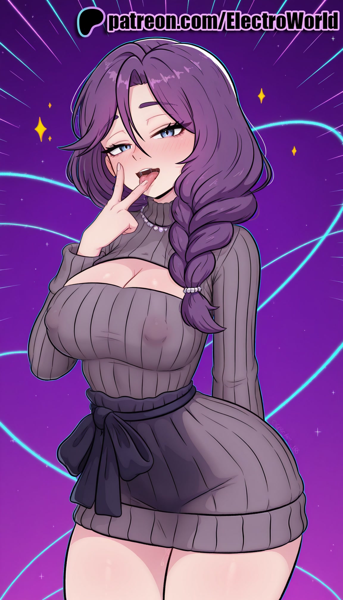 1girls, 2025, ai generated, artist name, aurora, blush, breasts, bust, cha cha (vtuber), chest, clothing cutout, constellation, electroworld, female, galaxy, hi res, high quality, high resolution, highres, large breasts, long hair, meme attire, milky way, moon, night, night sky, open-chest sweater, patreon, patreon username, purple background, purple eyes, purple hair, purple sky, ribbed sweater, shooting star, sky, solo, space, sparkle, sparkle background, stable diffusion, star (sky), star (symbol), starry background, starry sky, starry sky print, sweater, virtual youtuber, vtuber, watermark