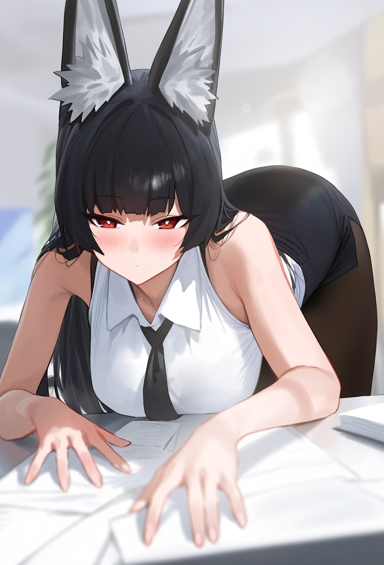 1girls, ai generated, aiart fring, animal ears, ass, breasts, female, fox ears, fox girl, hoshimi miyabi, red eyes, tagme, thick thighs, zenless zone zero