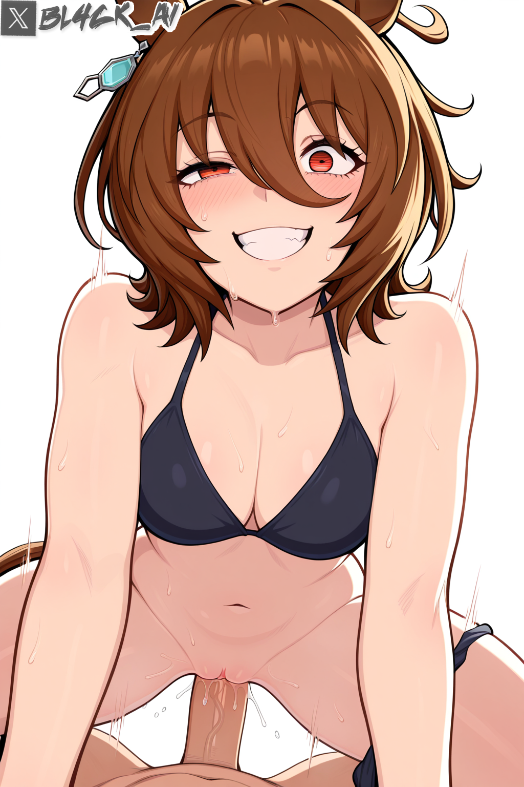 agnes_tachyon_(umamusume) ai_generated bikini bl4ck_ai black_bikini cowgirl_position crazy_eyes evil_grin from_below panties_aside pov sweat uneven_eyes
