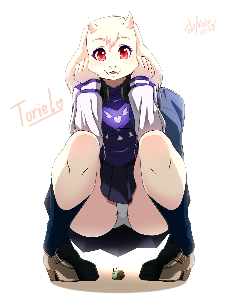 1girls 2d aged_down anthro anthro_female anthro_only female female_only furry furry_female furry_only goat goat_humanoid humanoid humanoid_female humanoid_only panties schoolgirl_uniform skykain solo toriel undertale undertale_(series) upskirt white_panties