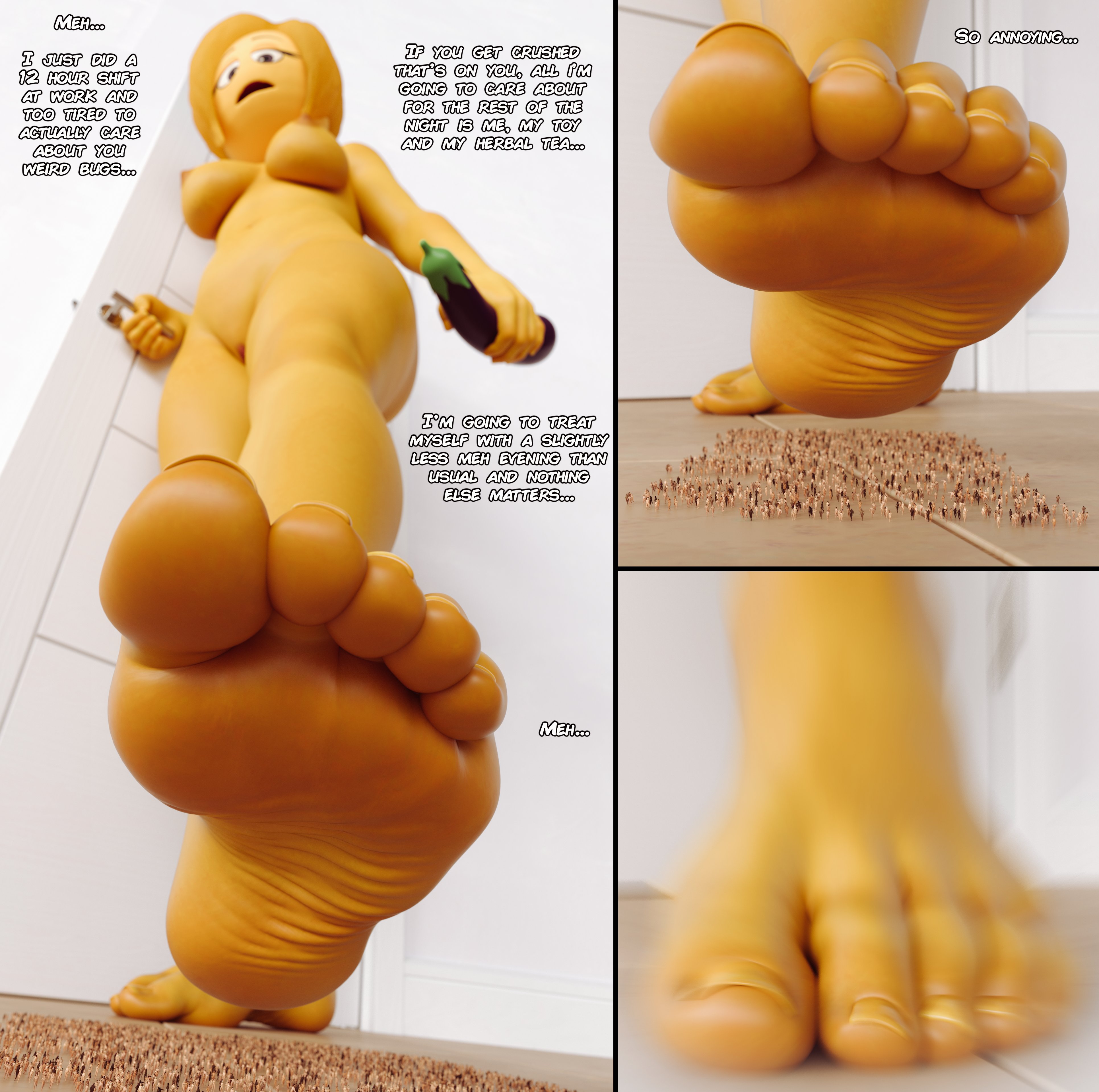 3d, barefoot, bigiolax, blonde hair, bob cut, comic, comic page, crowd, crush, crushing, dildo, eggplant emoji, emoji (race), feet, female, foot crush, foot fetish, foot focus, giant female, giantess, low-angle view, mary meh, mature female, meaty soles, micro, milf, mrs. meh, naked, naked female, soles, solo female, sony pictures animation, the emoji movie, toes, wrinkled feet, wrinkled soles, yellow skin