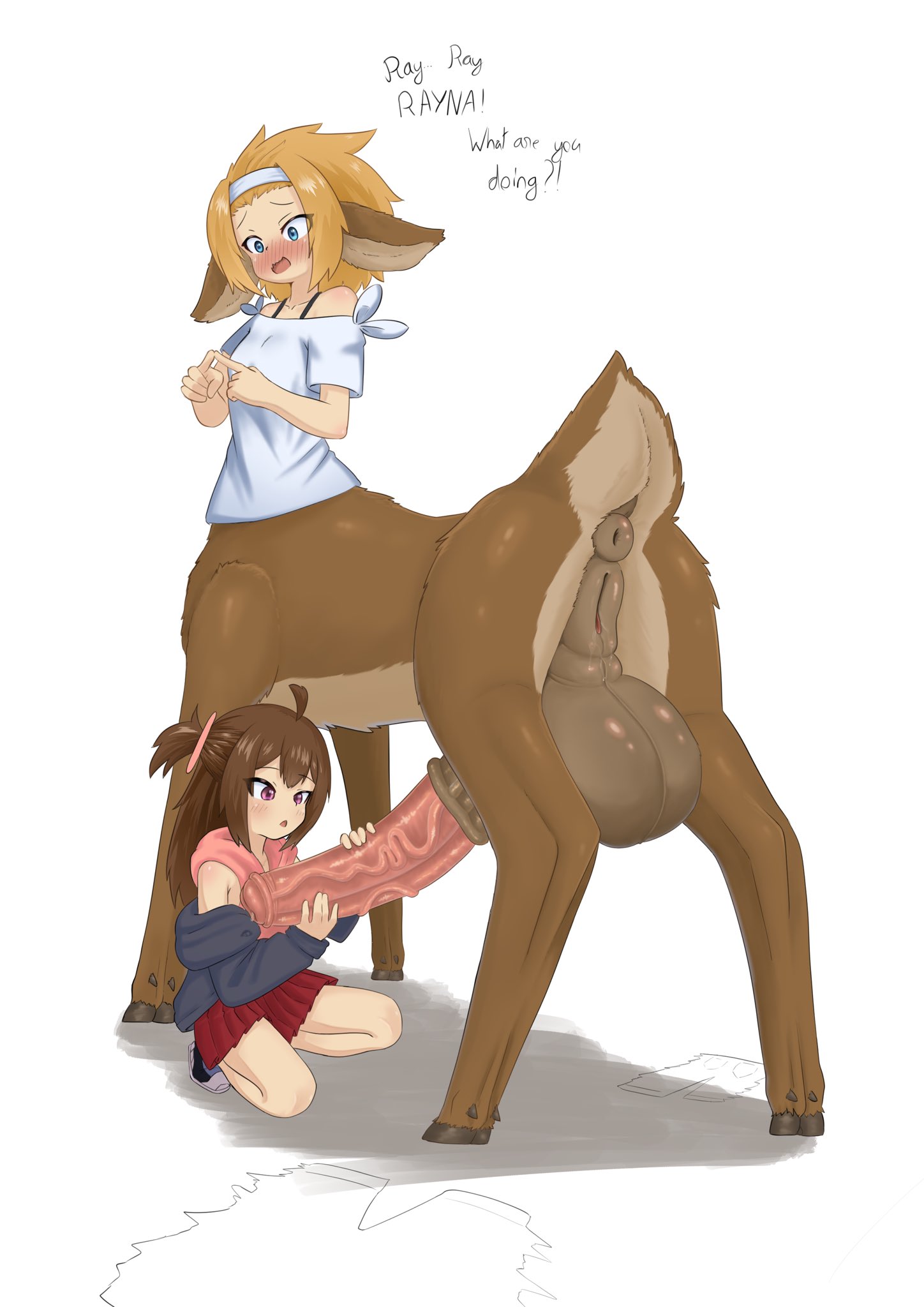 1futa, 1girls, anus, big balls, blue eyes, blush, brown hair, centaur, centaur futa, cervid, deer, deer taur, embarrassed, equine genitalia, equine penis, female, full-package futa, fur, futa on female, futa taur, futanari, futataur, horsecock, horsecock futa, horsecock futanari, intrigued, orange hair, pink eyes, taur, vagina, veiny penis, velturad, wet pussy