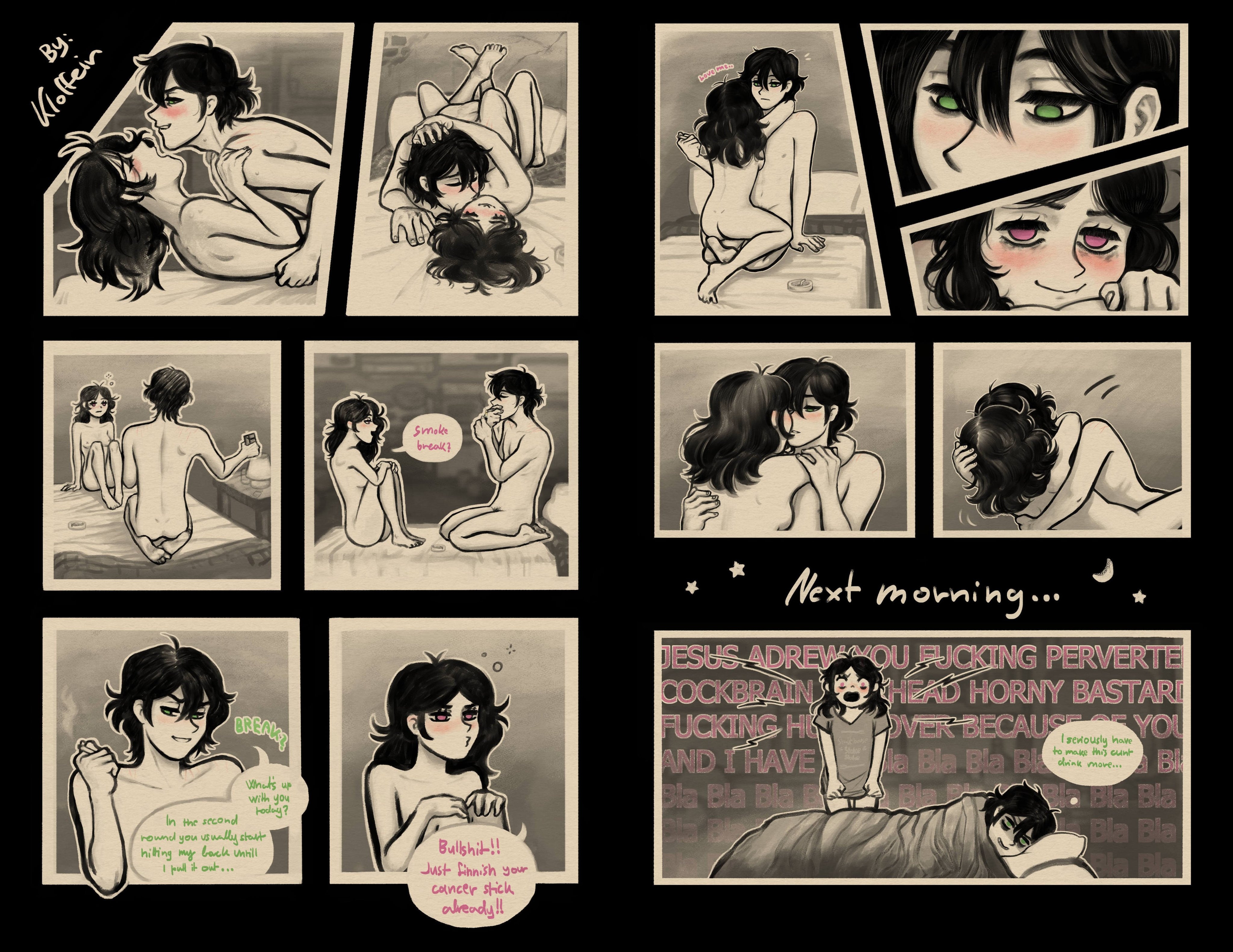 1boy, 1girls, 2d, andrew graves, ashley graves, ass, black hair, blush, breasts, brother and sister, couple, cuddling, dialogue, drunk, english text, female, green eyes, hug, hugging, incest, kissing neck, kloffein, male, missionary position, nude, passionate, pink eyes, romantic, sex, siblings, smoking, smoking cigarette, the coffin of andy and leyley