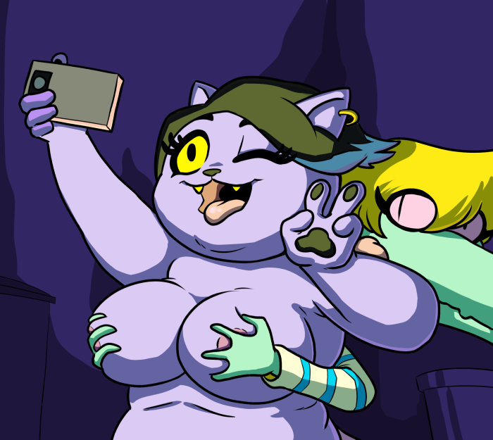 anthro anthro_only big_breasts bratty_(undertale) breast_grab breasts catty_(undertale) chubby chubby_female countdarkhugs covering_breasts earring fat_folds feline_humanoid fur grabbing_breasts grabbing_from_behind green_skin large_breasts no_bra nude nude_female nude_selfie nudity partially_visible_nipples peace_sign phone pierced_ear pink_sclera purple_fur reptile_humanoid selfie smartphone striped_topwear tongue_out topless topless_female undertale wink winking yellow_sclera