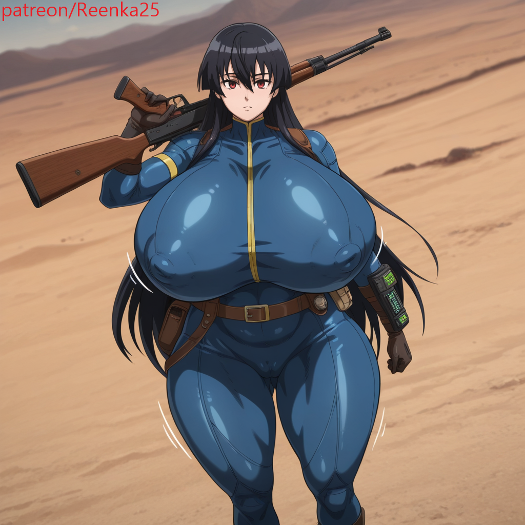 ai, ai generated, akame (akame ga kill!), akame ga kill!, big ass, big breasts, black hair, blue bodysuit, bodysuit, breasts, cameltoe, erect nipples, fallout, female, huge ass, huge breasts, hyper breasts, long hair, mountain, pip-boy, pussy, red eyes, reenka25, rifle, thick, thick ass, thick legs, thick thighs, tight fit, vault suit, very long hair, wasteland, weapon, weapon on hand, weapon over shoulder