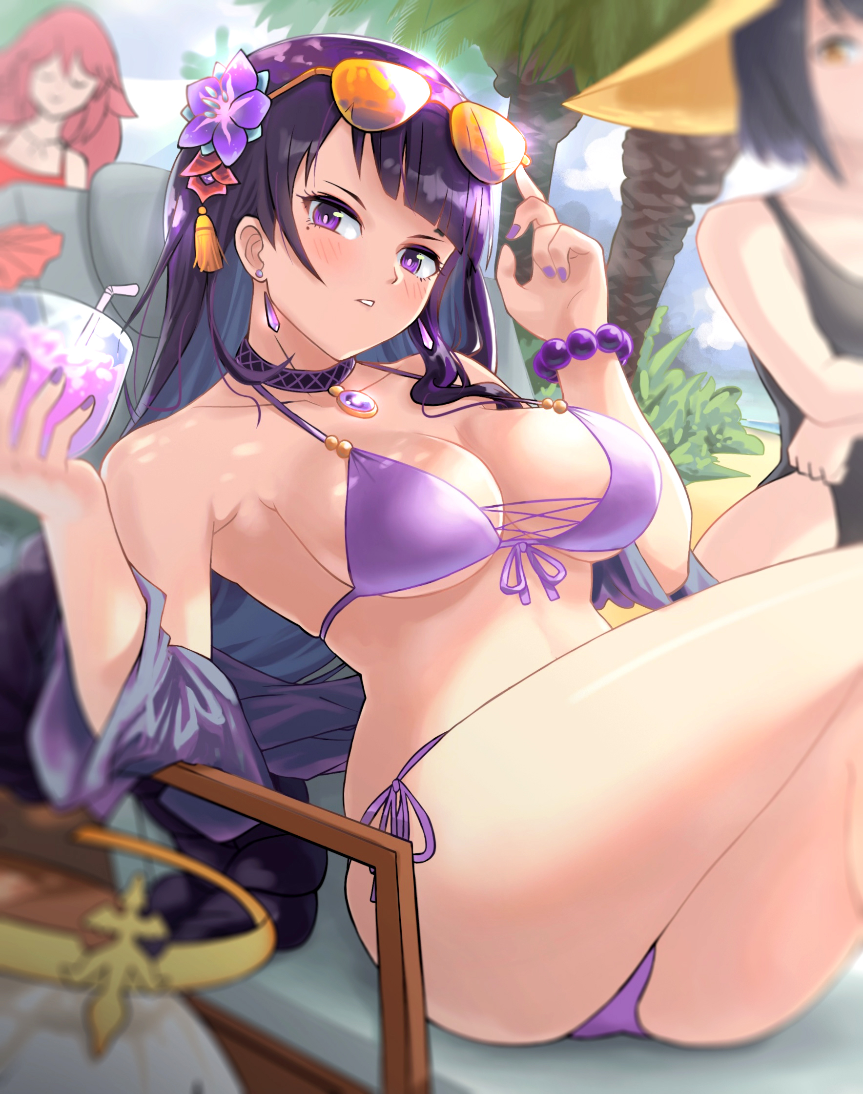 2026, 2d, 2d (artwork), 3girls, adjusting eyewear, alternate costume, animal ears, ass, bare shoulders, bead bracelet, beads, bikini, black hair, black one-piece swimsuit, blunt bangs, bracelet, breasts, burnt green tea, choker, cleavage, collarbone, commentary, crossed legs, cup, drinki, drinking glass, drinking straw, english commentary, eyewear on head, female, female only, flower, fox ears, genshin impact, hair between eyes, hair flower, hair ornament, halterneck, hat, head tilt, highleg, highleg swimsuit, highres, holding, holding cup, jewelry, kujou sara, large breasts, long hair, looking at viewer, multiple girls, off shoulder, one-piece swimsuit, out of frame, outdoors, parted lips, pink hair, purple bikini, purple eyes, questionable, raiden shogun, short hair, side-tie bikini bottom, sidelocks, sitting, solo focus, spaghetti strap, stomach, straw hat, string bikini, sunglasses, swimsuit, unworn earring, yae miko, yellow eyes